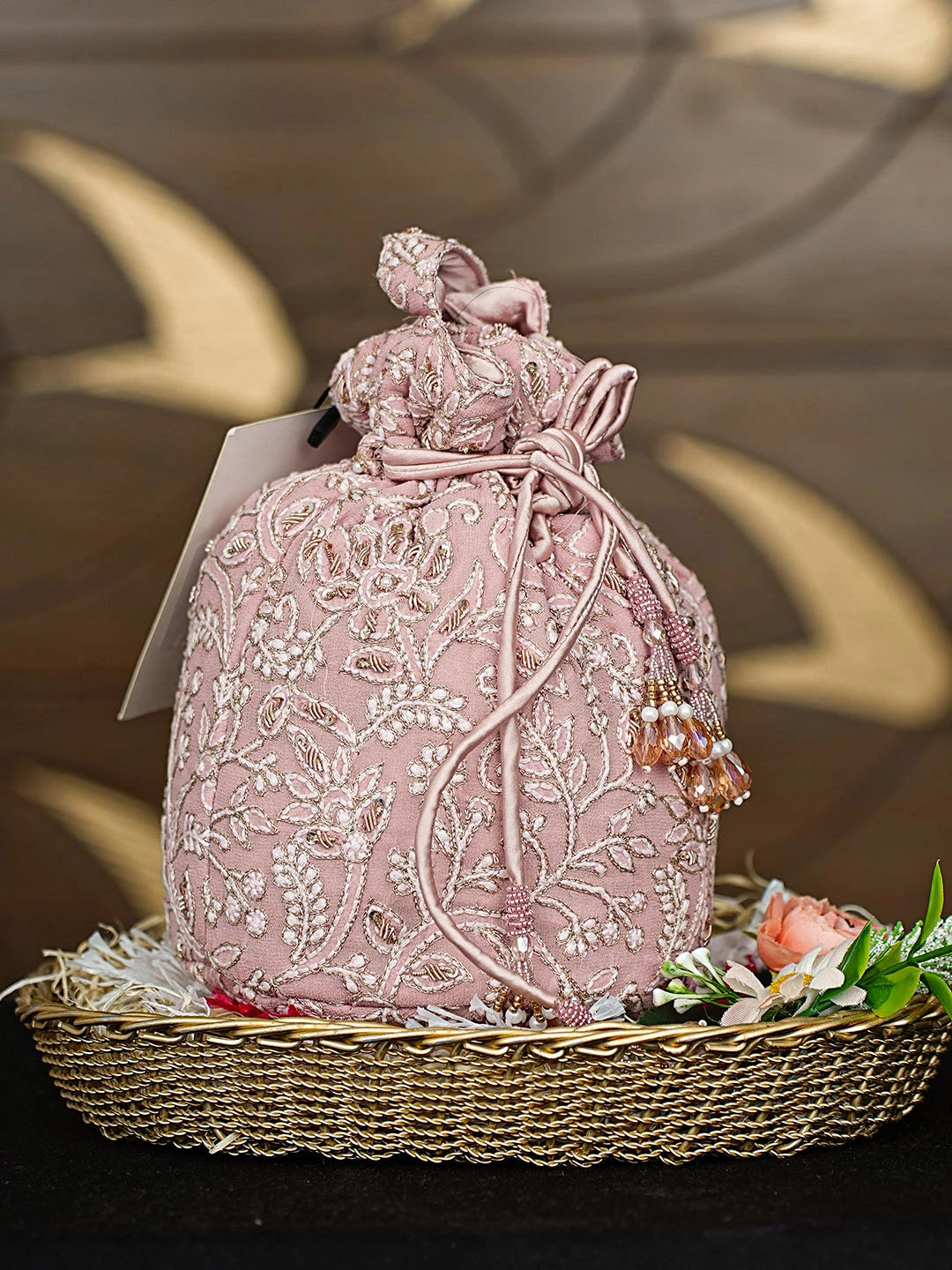 Ada Hand Embroidered Dusty Peach Pure Georgette Lucknowi Chikankari Potli Bag With Zari Work 01A912947