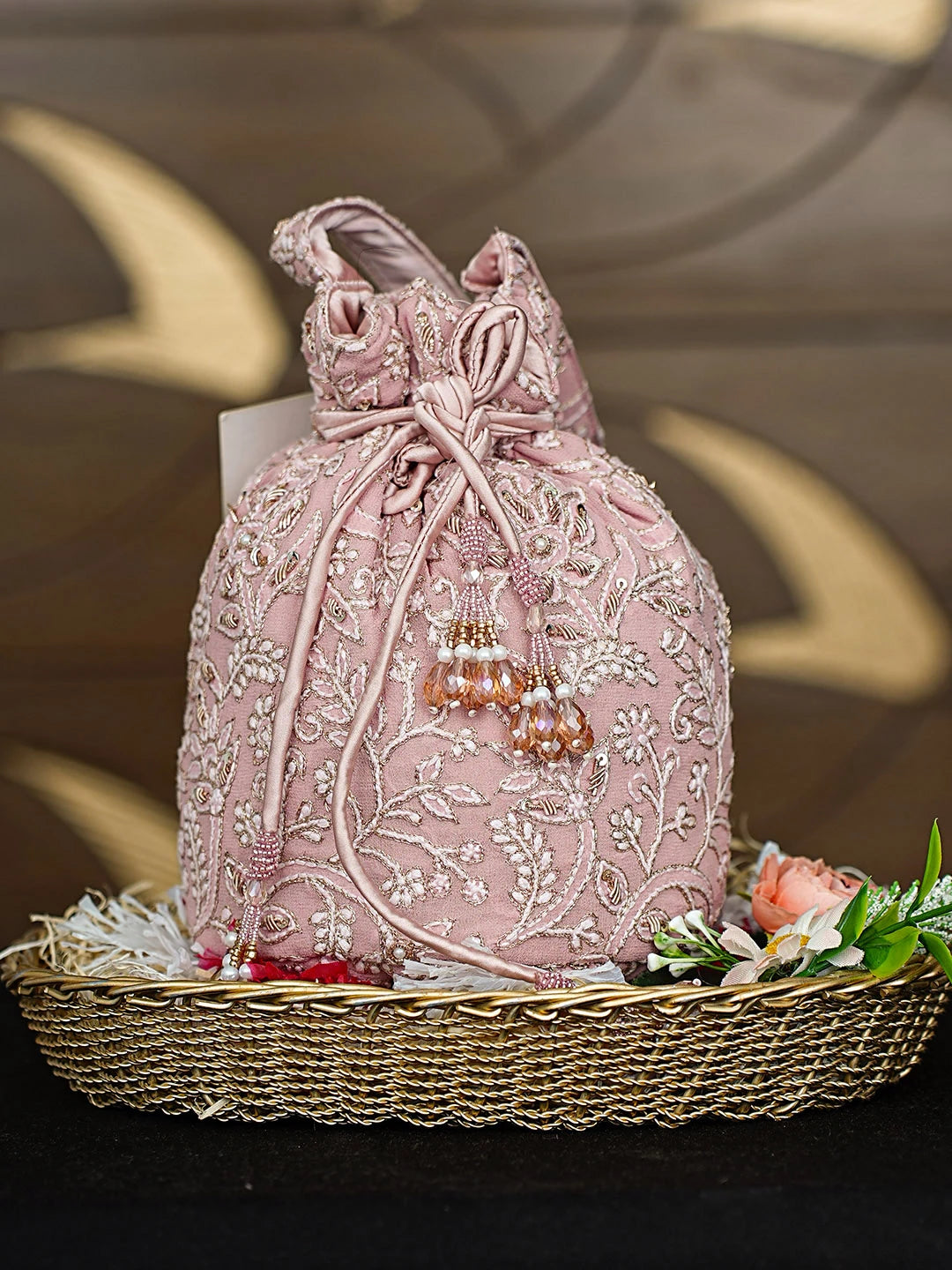Ada Hand Embroidered Dusty Peach Pure Georgette Lucknowi Chikankari Potli Bag With Zari Work 01A912947