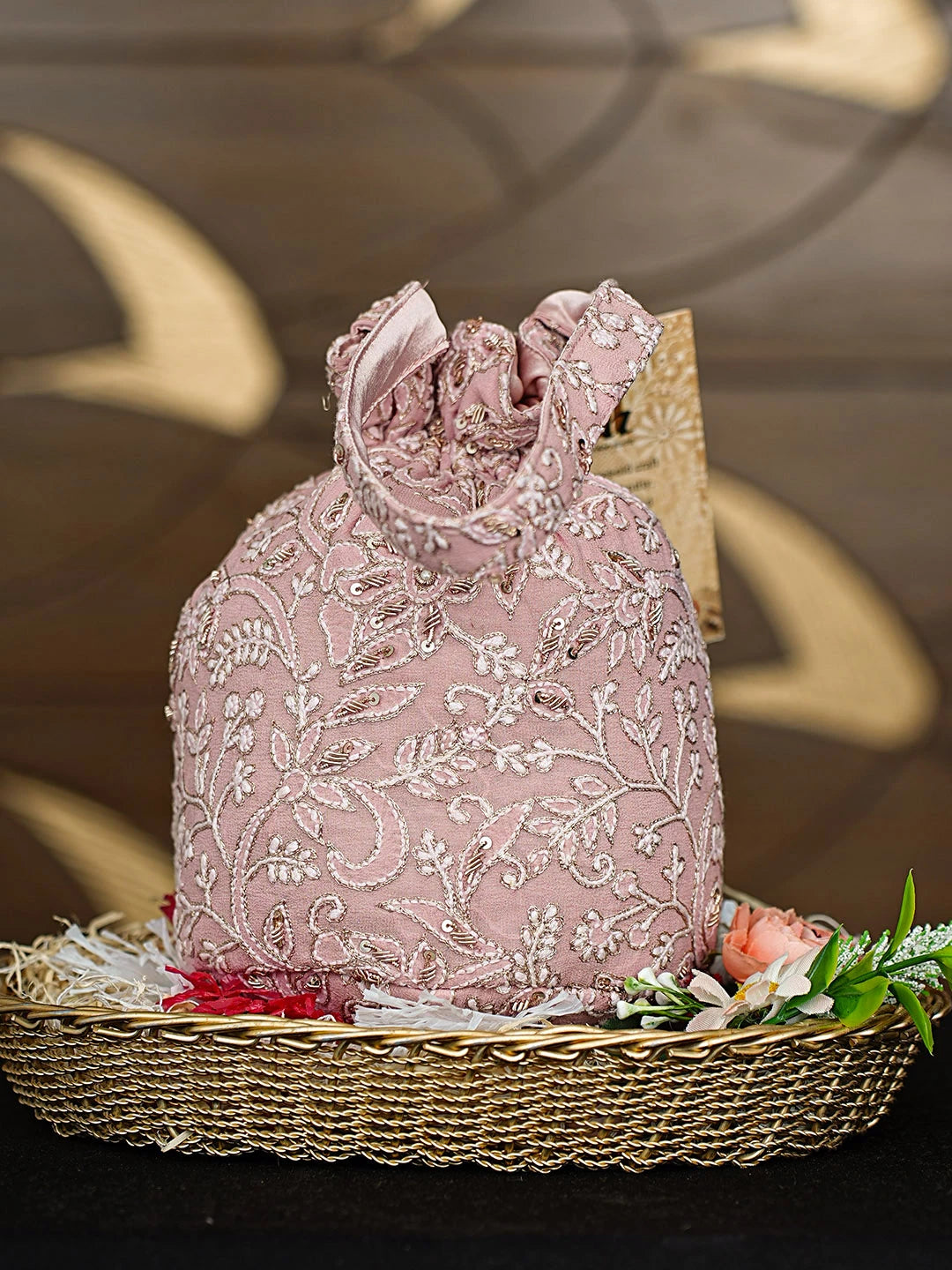 Ada Hand Embroidered Dusty Peach Pure Georgette Lucknowi Chikankari Potli Bag With Zari Work 01A912947
