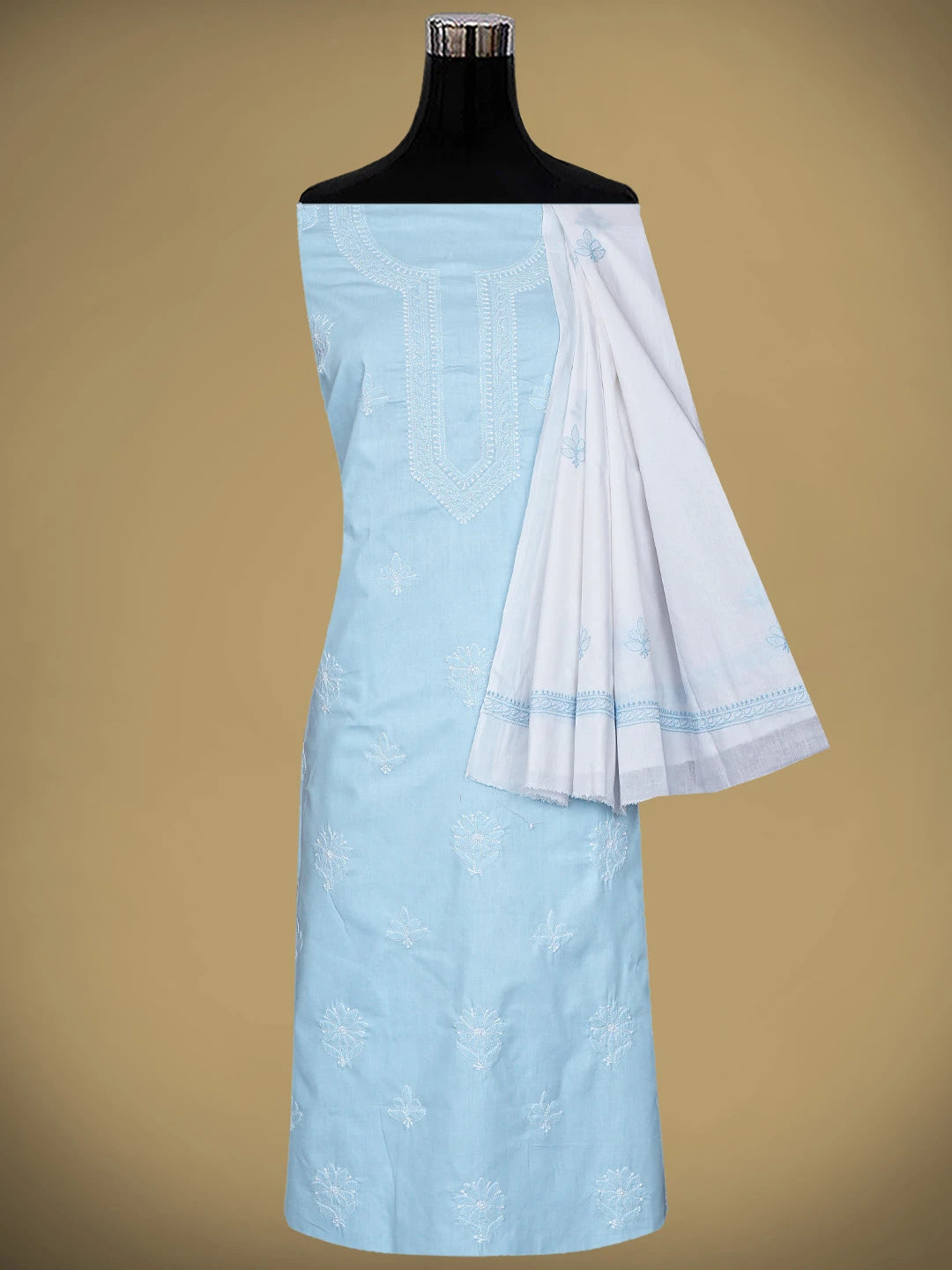 Ada Hand Embroidered Sky Blue Cotton Lucknowi Chikankari Unstitched Suit Piece 01A914761