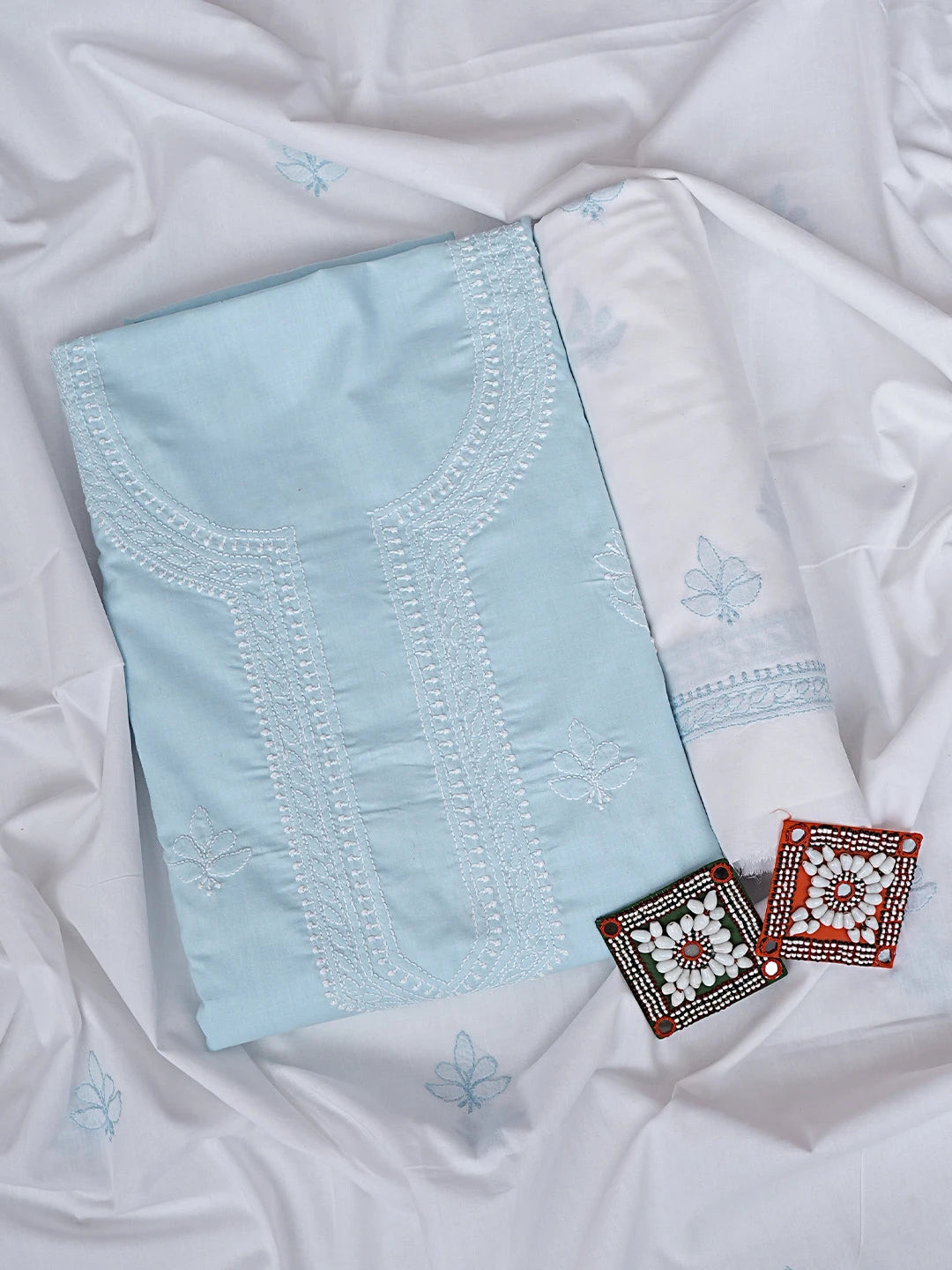 Ada Hand Embroidered Sky Blue Cotton Lucknowi Chikankari Unstitched Suit Piece 01A914761