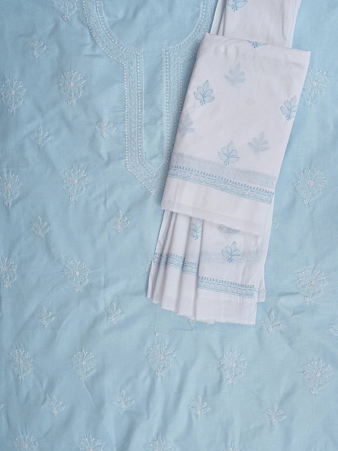 Ada Hand Embroidered Sky Blue Cotton Lucknowi Chikankari Unstitched Suit Piece 01A914761