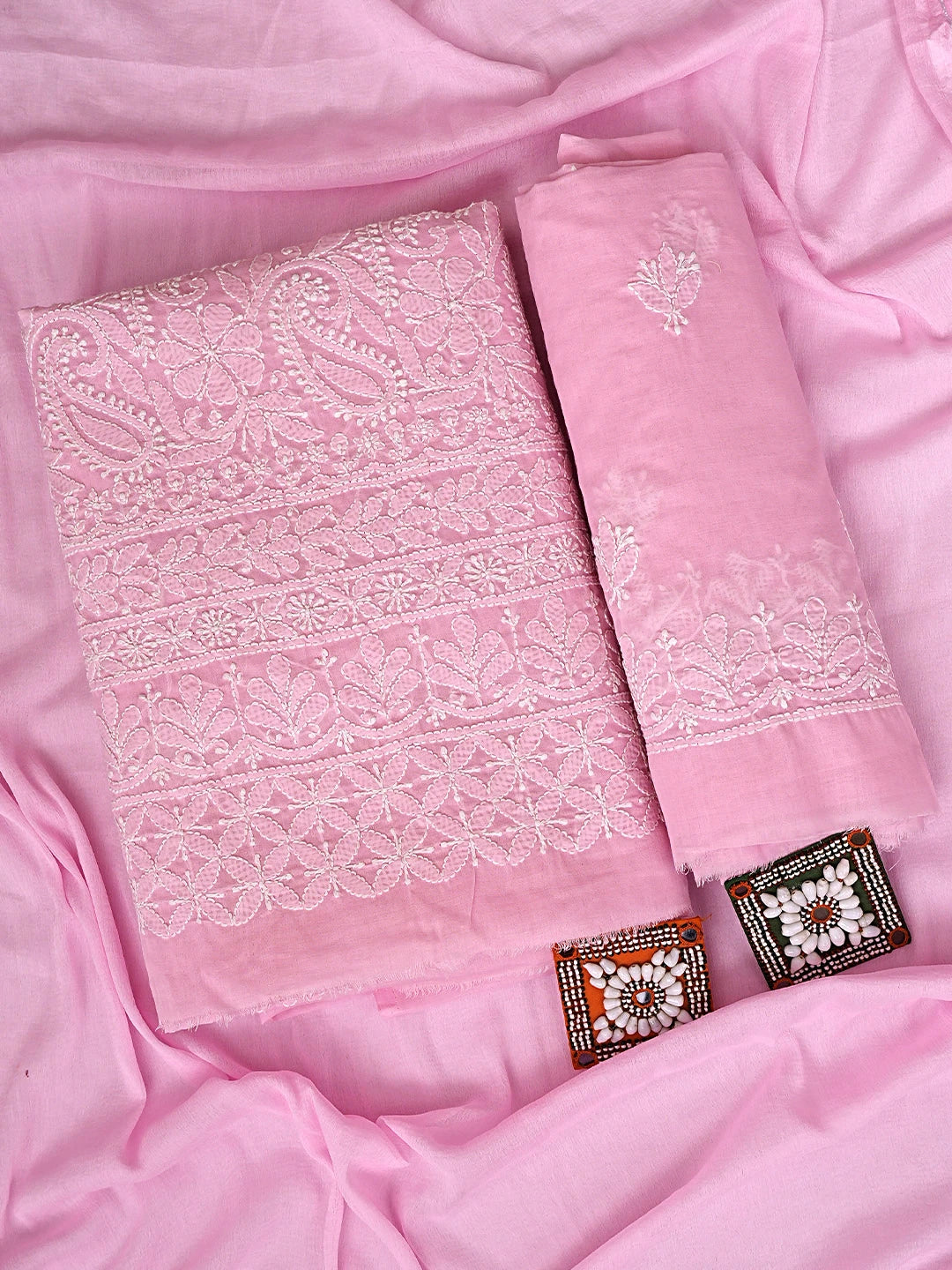 Ada Hand Embroidered Pink Cotton Lucknowi Chikankari Unstitched Suit Piece 01A910864