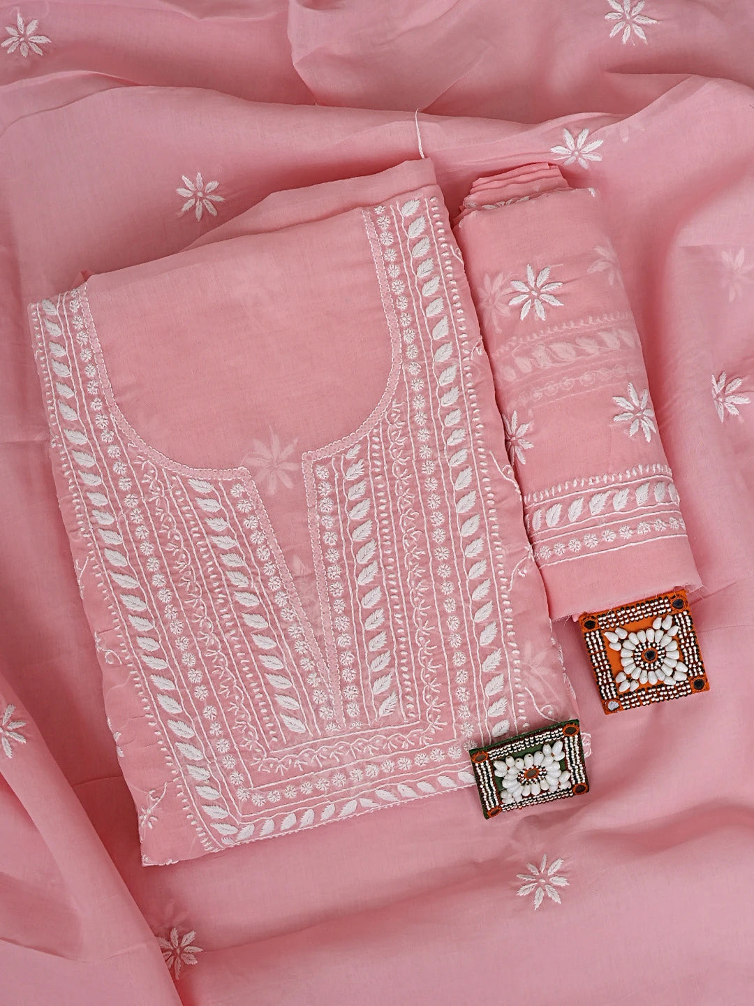 Ada Hand Embroidered Peach Cotton Lucknowi Chikankari Unstitched Suit Piece 01A914962