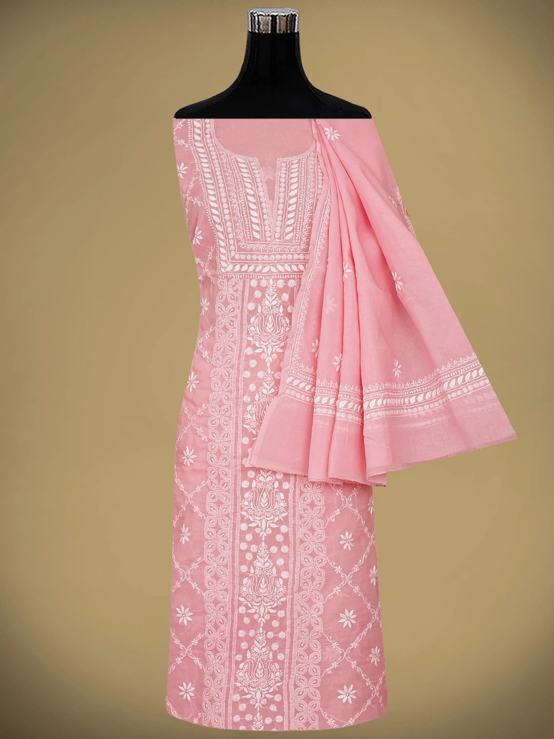 Ada Hand Embroidered Peach Cotton Lucknowi Chikankari Unstitched Suit Piece 01A914962