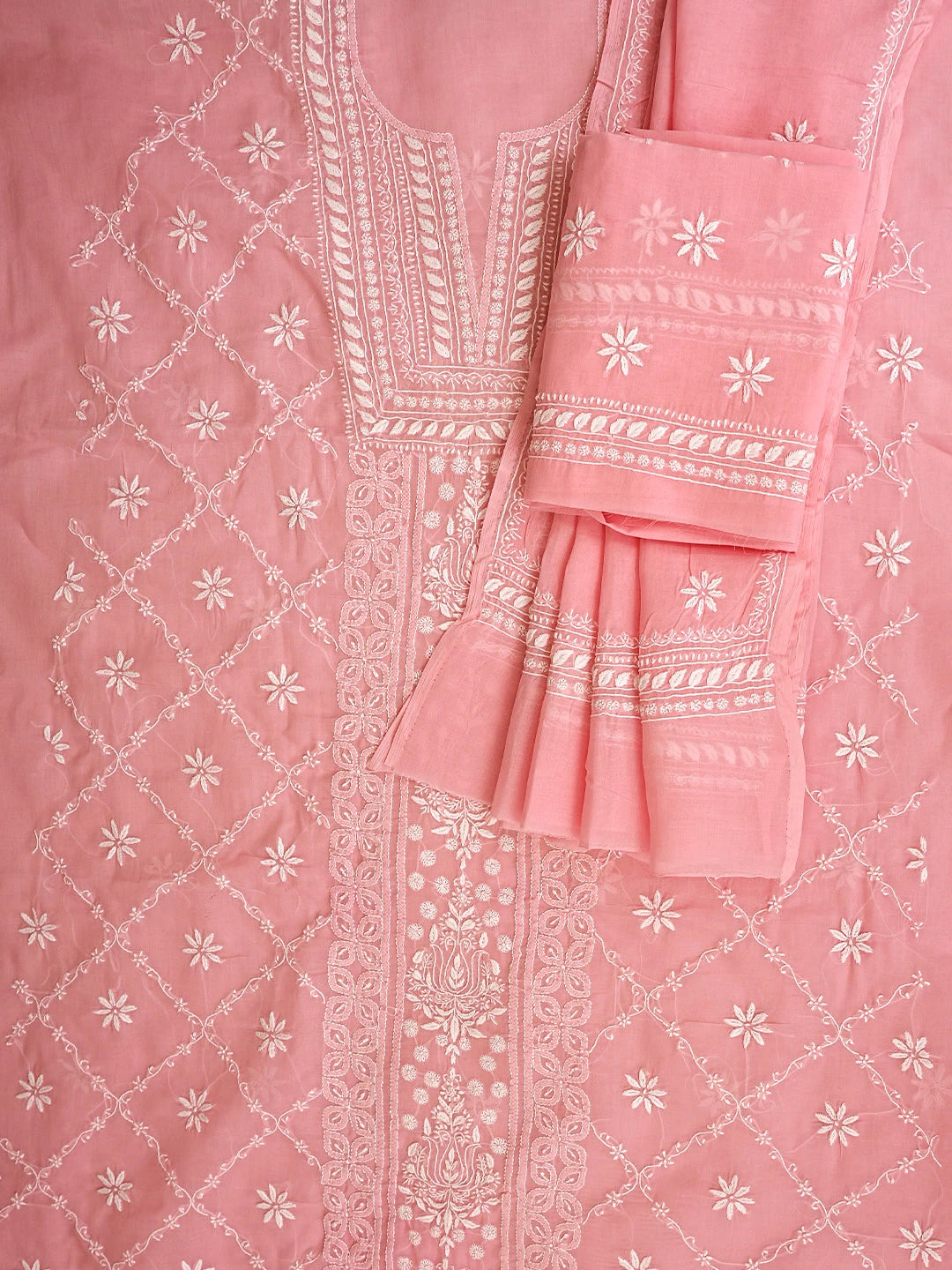 Ada Hand Embroidered Peach Cotton Lucknowi Chikankari Unstitched Suit Piece 01A914962