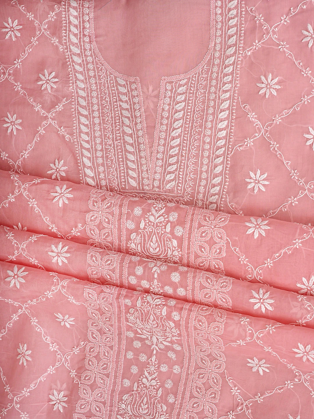 Ada Hand Embroidered Peach Cotton Lucknowi Chikankari Unstitched Suit Piece 01A914962