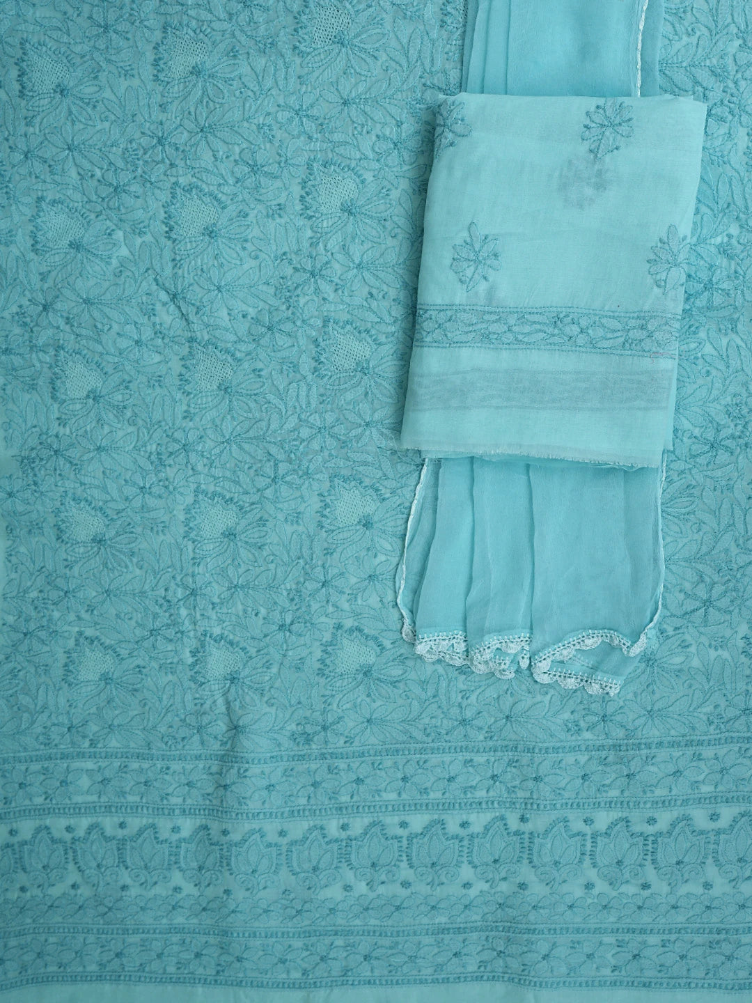 Ada Hand Embroidered Blue Cotton Lucknowi Chikankari Unstitched Suit Piece 01A911253