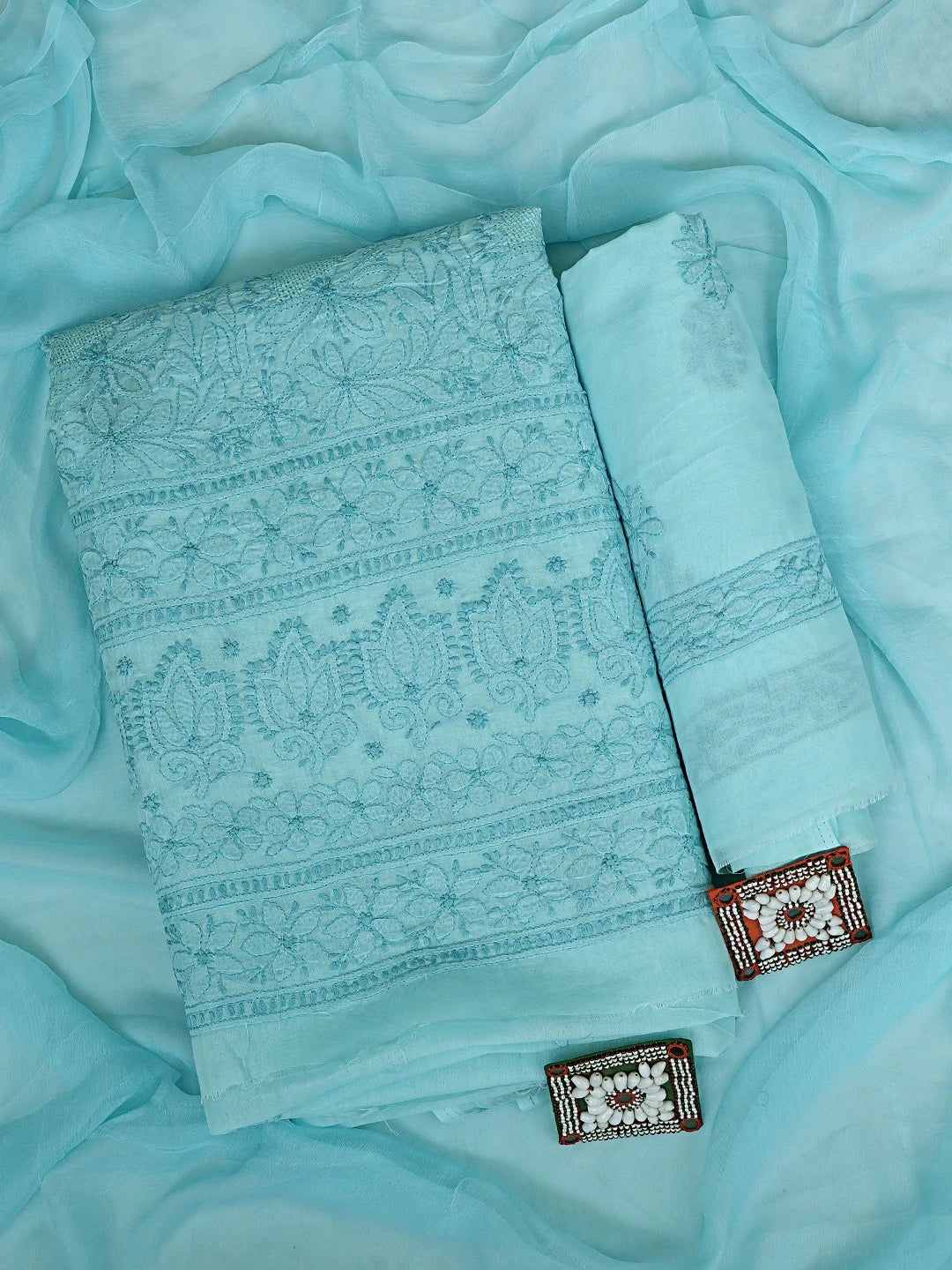 Ada Hand Embroidered Blue Cotton Lucknowi Chikankari Unstitched Suit Piece 01A911253