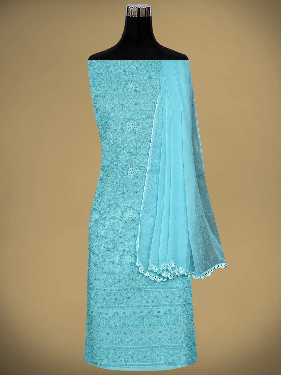 Ada Hand Embroidered Blue Cotton Lucknowi Chikankari Unstitched Suit Piece 01A911253