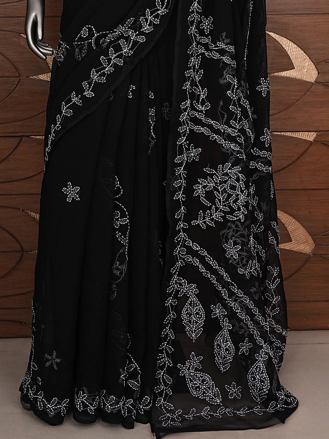 Ada Hand Embroidered Black Georgette Lucknowi Chikankari Saree and Blouse 01A916543