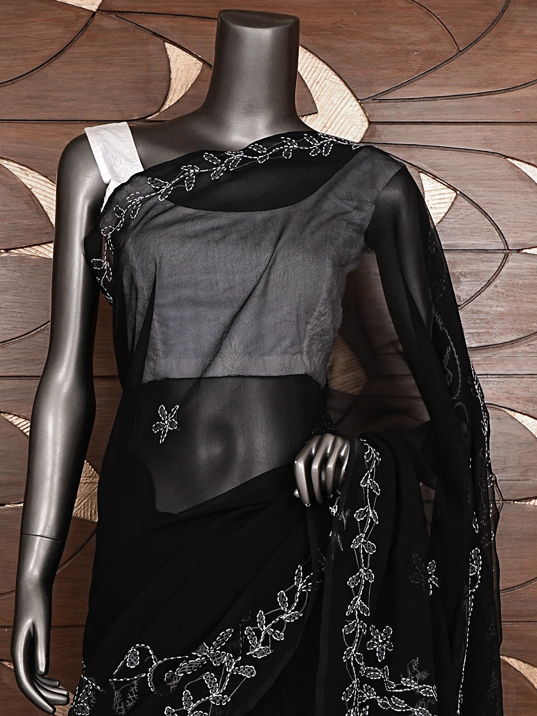 Ada Hand Embroidered Black Georgette Lucknowi Chikankari Saree and Blouse 01A916543