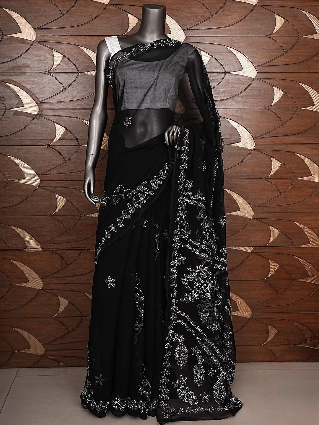 Ada Hand Embroidered Black Georgette Lucknowi Chikankari Saree and Blouse 01A916543