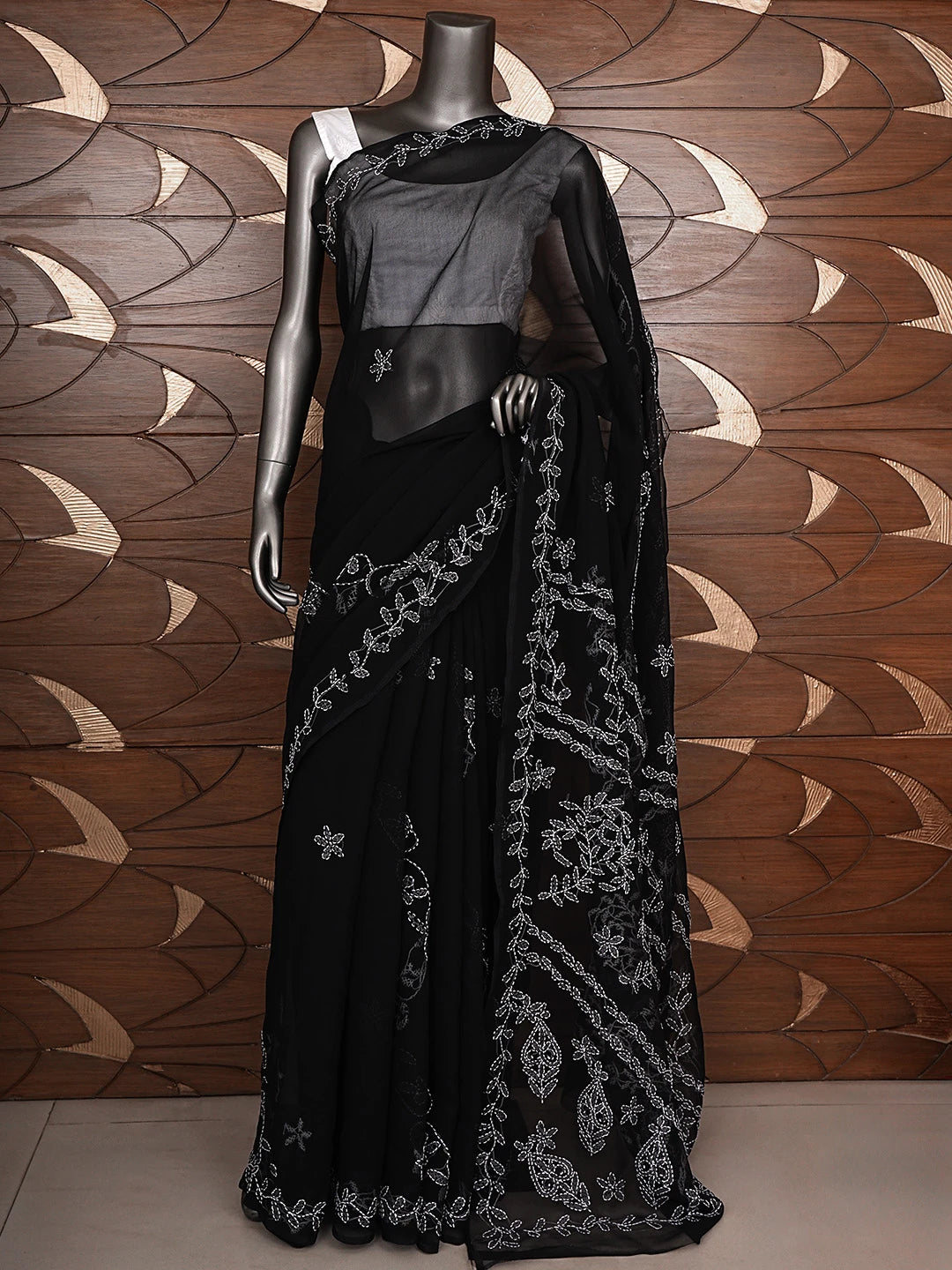 Ada Hand Embroidered Black Georgette Lucknowi Chikankari Saree and Blouse 01A916543