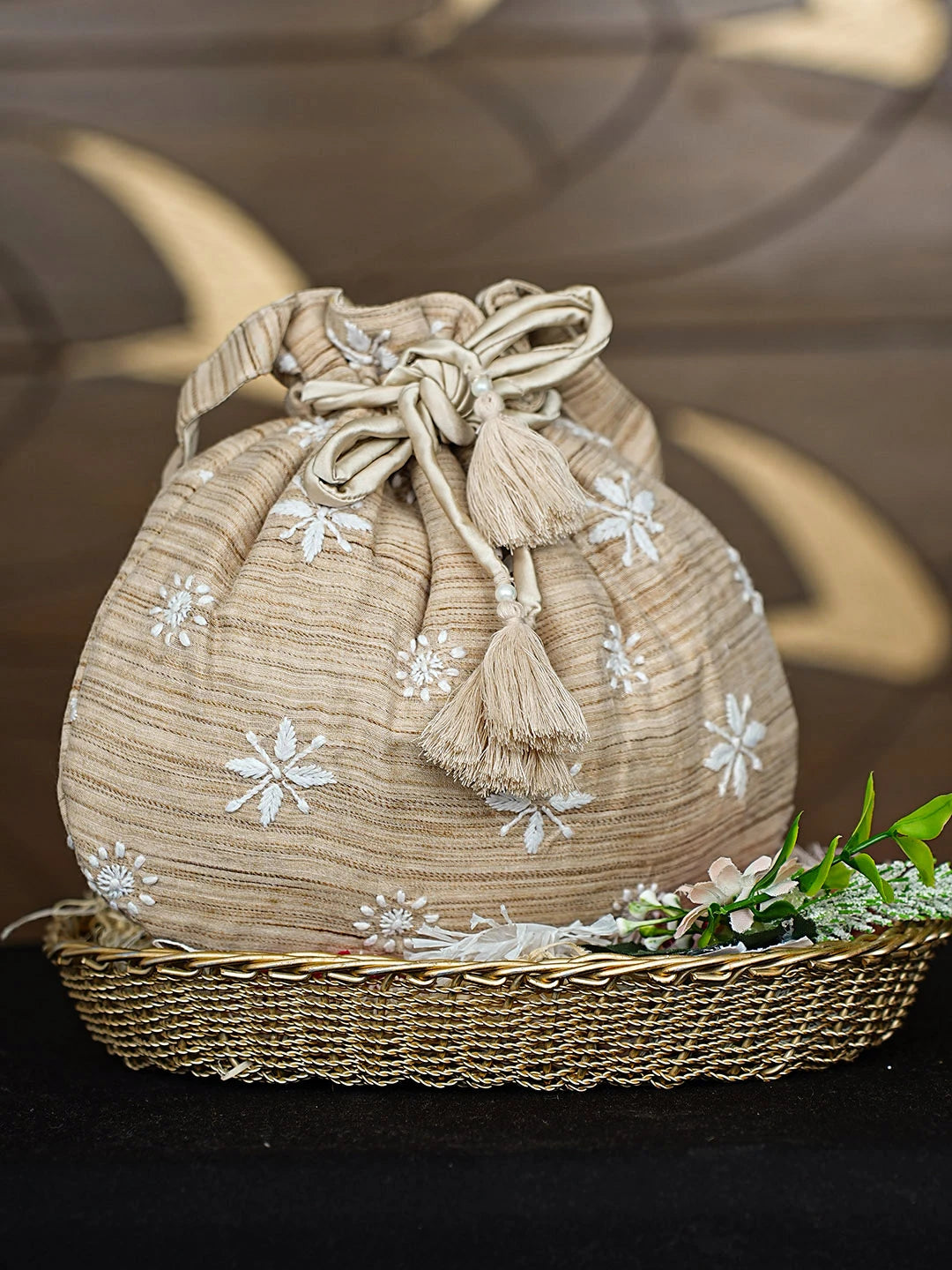 Ada Hand Embroidered Fawn Chanderi Lucknowi Chikankari Potli Bag 01A916371