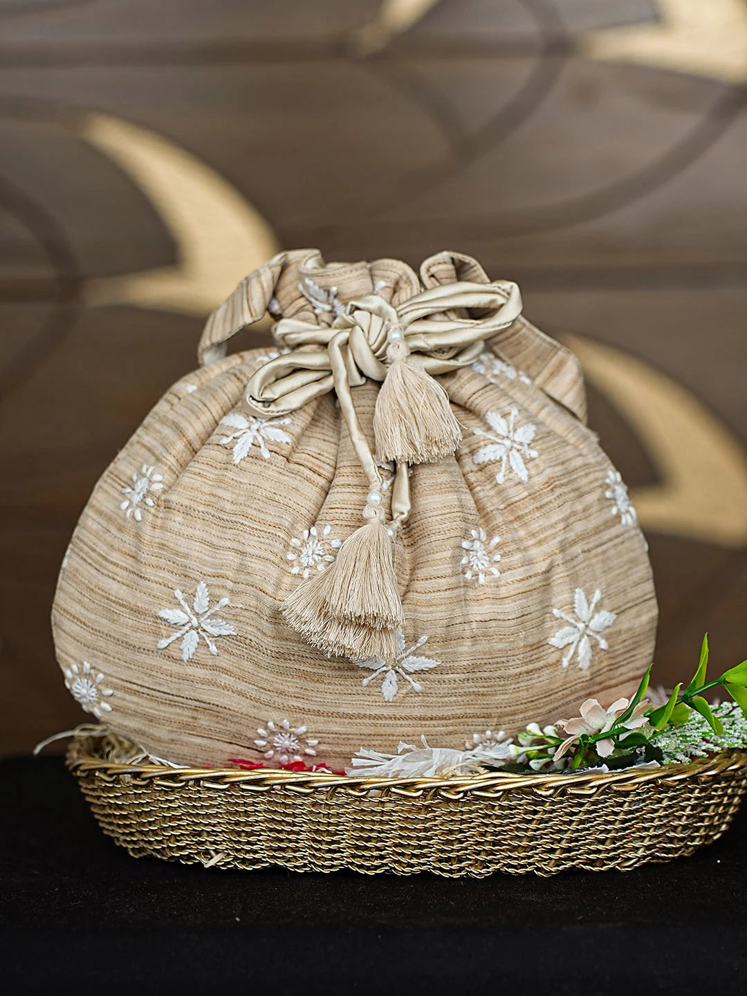 Ada Hand Embroidered Fawn Chanderi Lucknowi Chikankari Potli Bag 01A916371