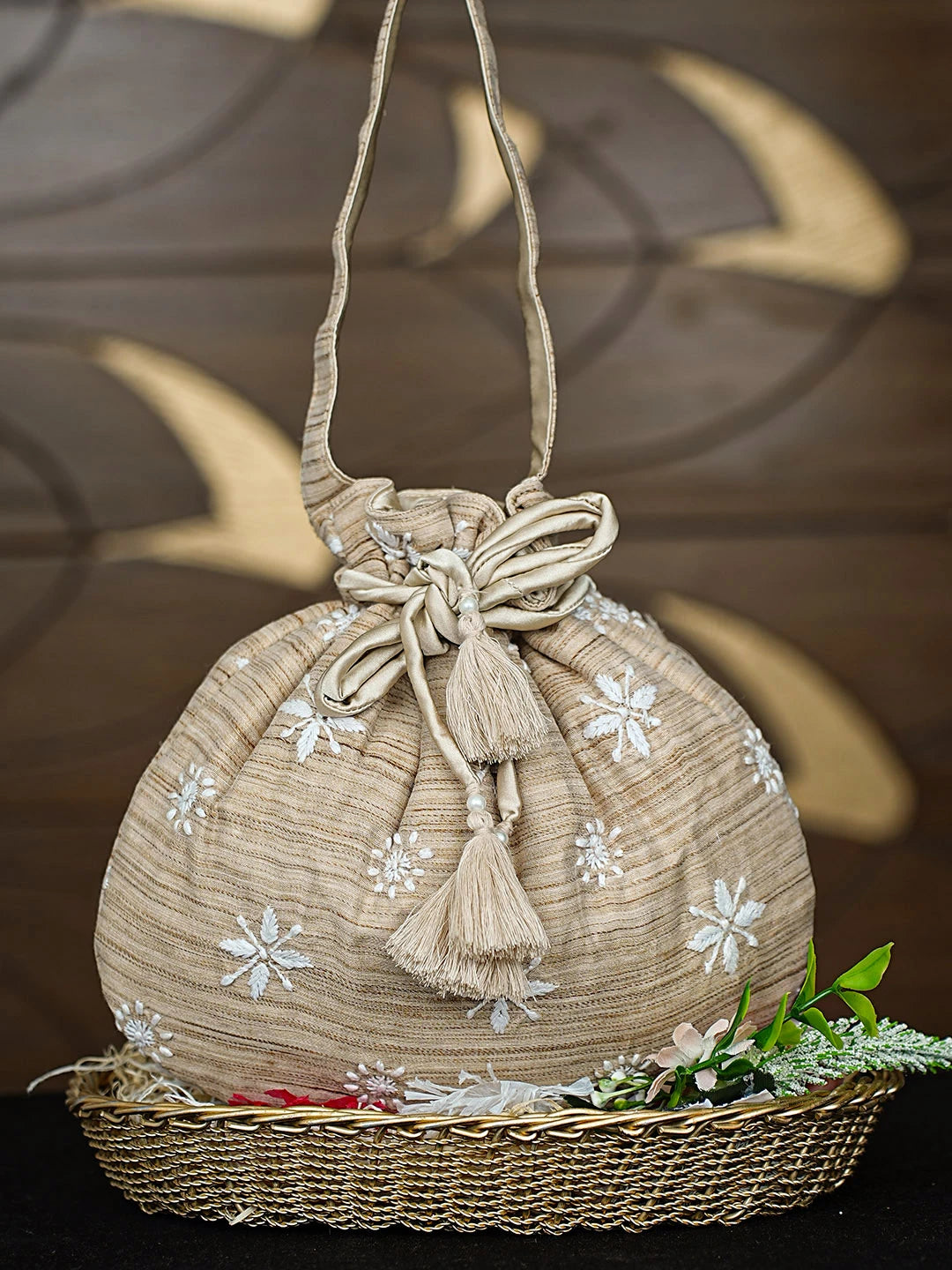 Ada Hand Embroidered Fawn Chanderi Lucknowi Chikankari Potli Bag 01A916371