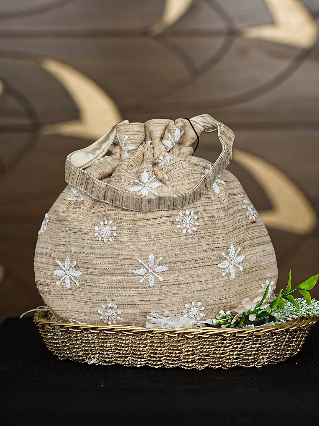 Ada Hand Embroidered Fawn Chanderi Lucknowi Chikankari Potli Bag 01A916371