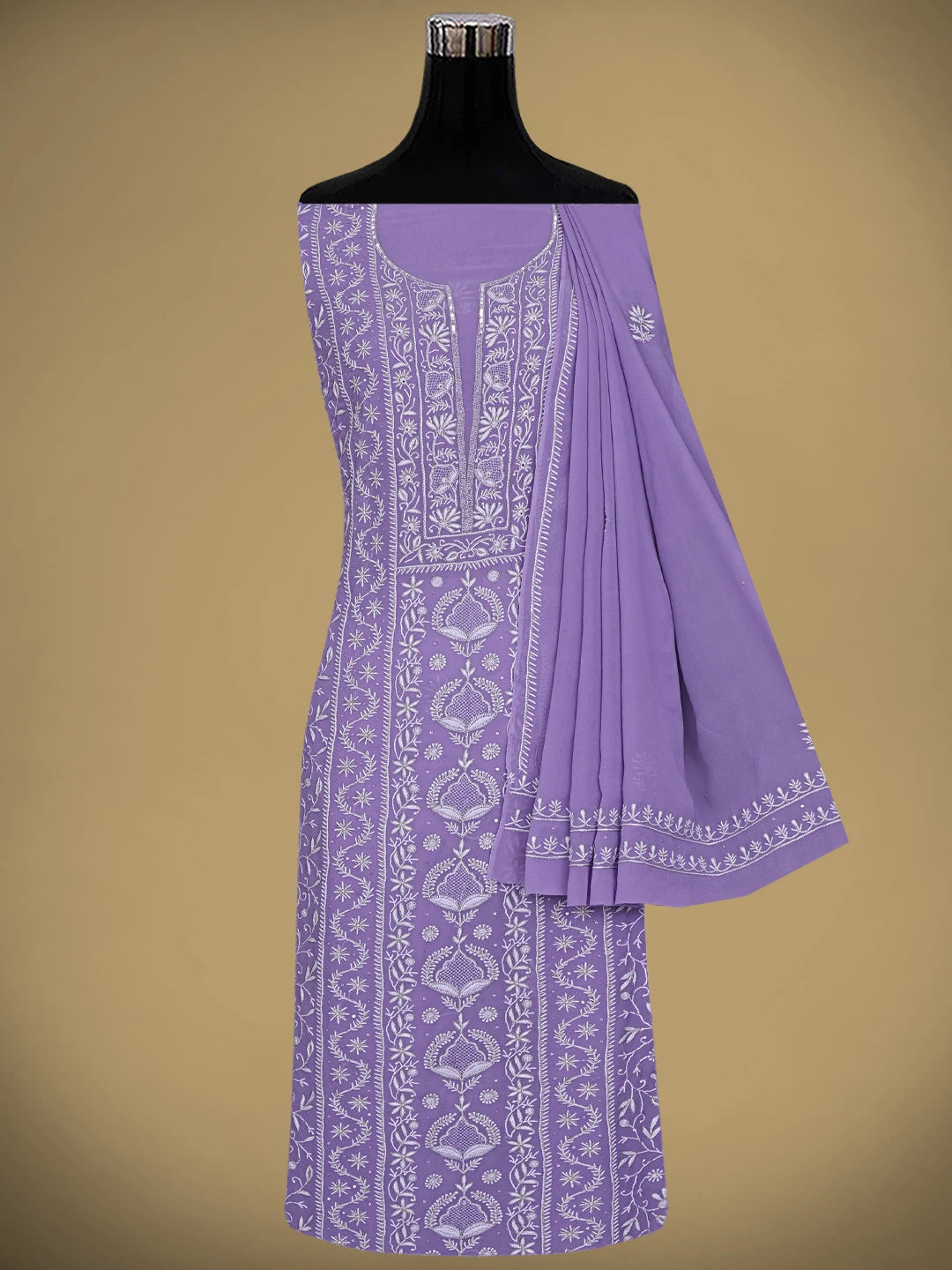 Ada Hand Embroidered Mauve Pure Georgette Lucknowi Chikankari Unstitched Kurta Dupatta Set With Zari Work 08A500876