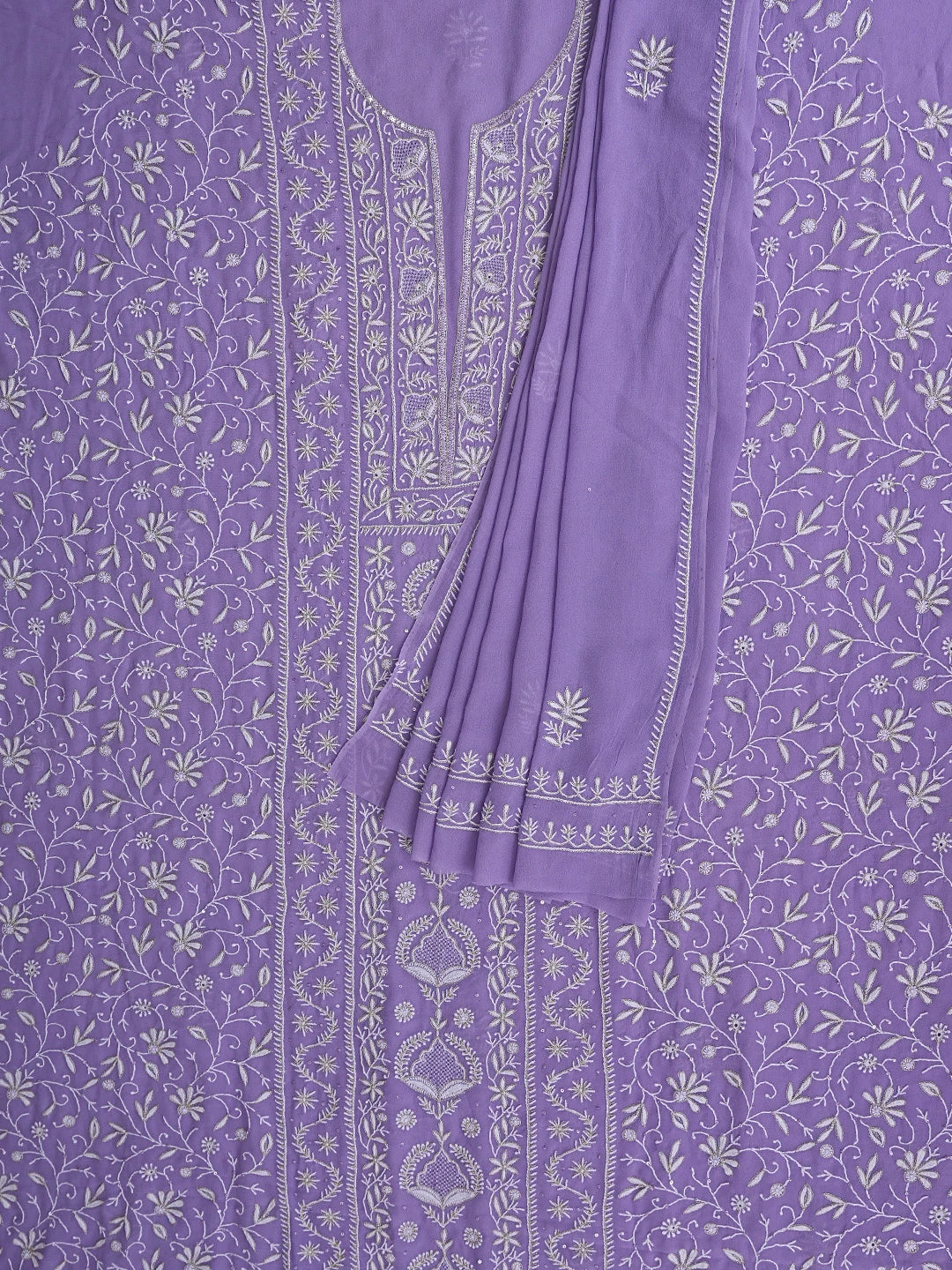 Ada Hand Embroidered Mauve Pure Georgette Lucknowi Chikankari Unstitched Kurta Dupatta Set With Zari Work 08A500876