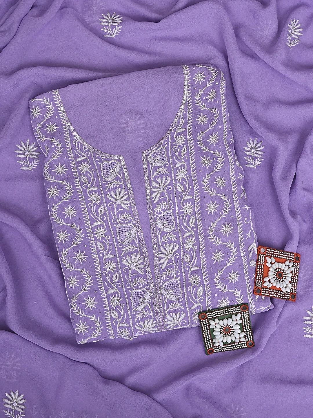 Ada Hand Embroidered Mauve Pure Georgette Lucknowi Chikankari Unstitched Kurta Dupatta Set With Zari Work 08A500876