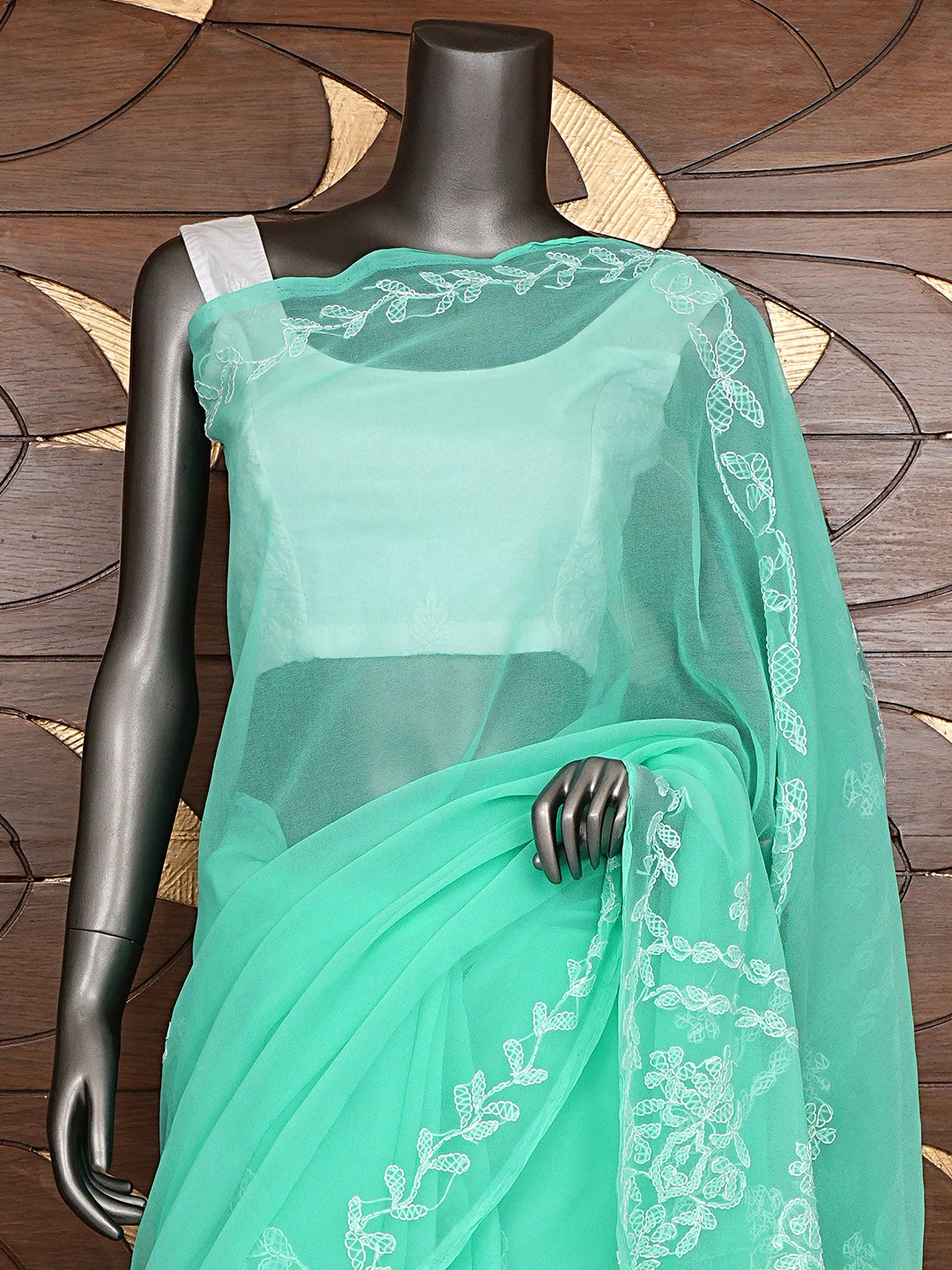 Ada Hand Embroidered Sea Green Georgette Lucknowi Chikankari Saree and Blouse 01A916547