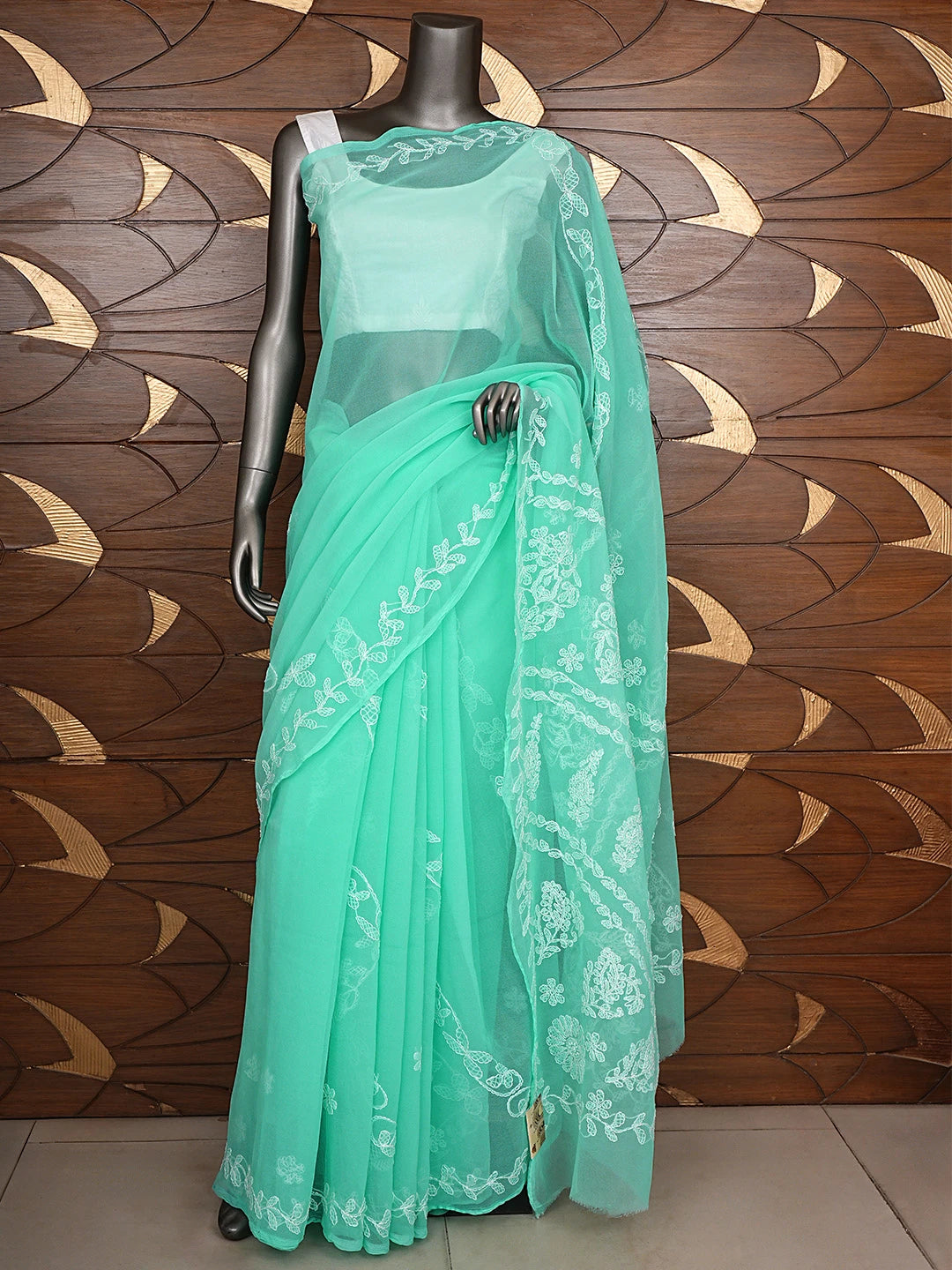 Ada Hand Embroidered Sea Green Georgette Lucknowi Chikankari Saree and Blouse 01A916547