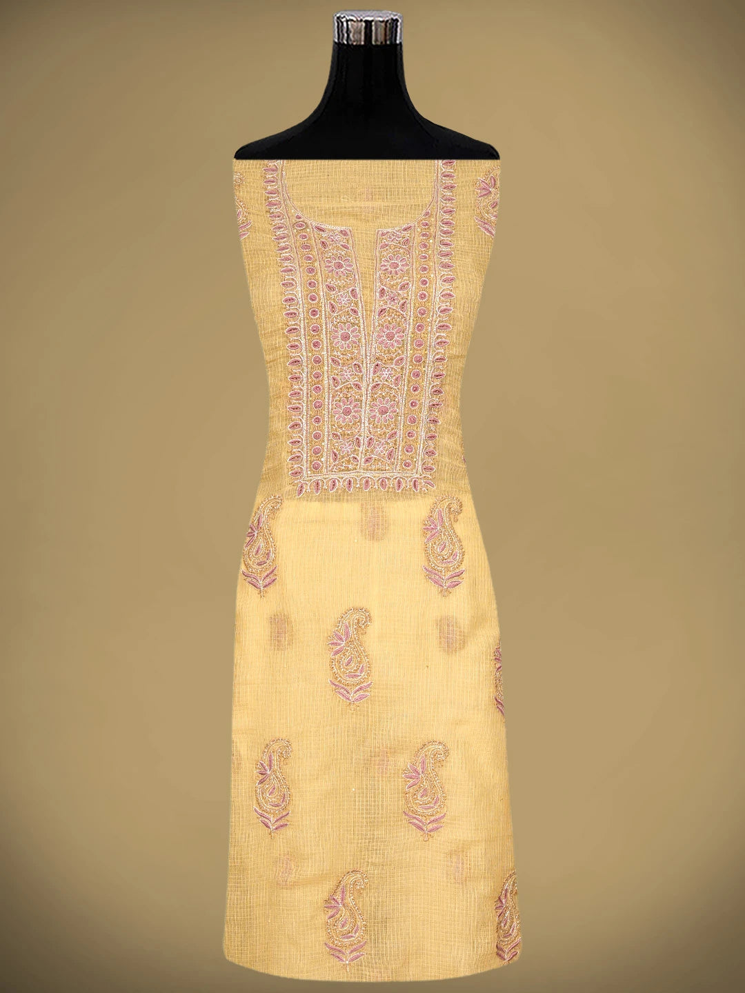 Ada Hand Embroidered Yellow Kota Lucknowi Chikankari Unstitched Kurta Dupatta Set With Zari Work 01A665284