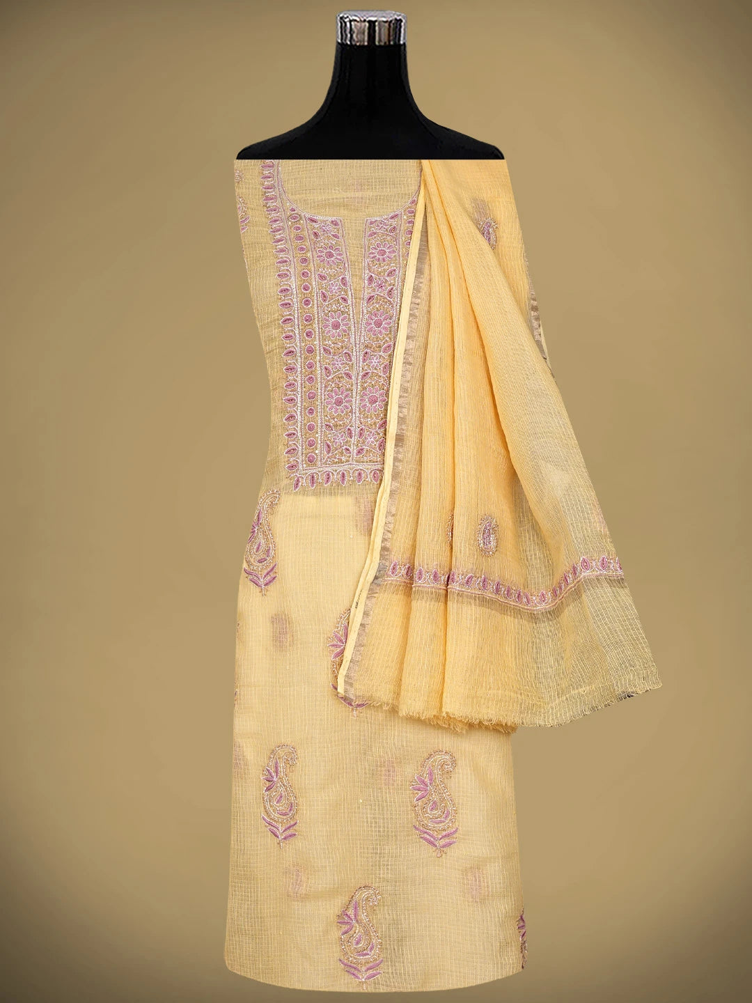 Ada Hand Embroidered Yellow Kota Lucknowi Chikankari Unstitched Kurta Dupatta Set With Zari Work 01A665284