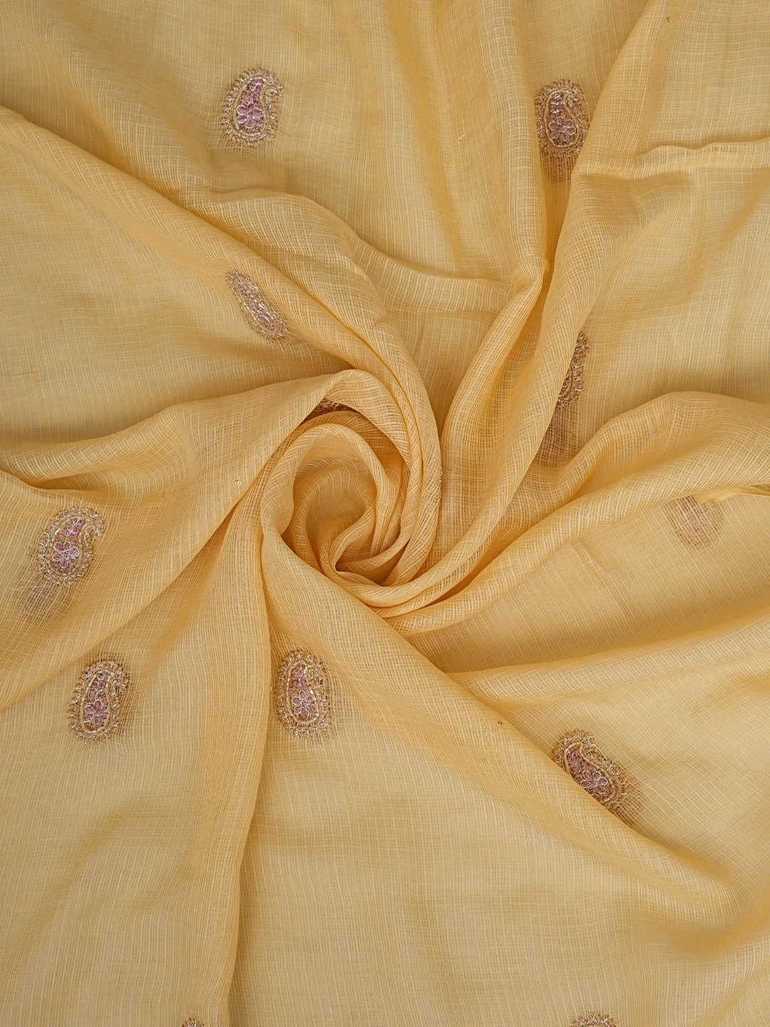 Ada Hand Embroidered Yellow Kota Lucknowi Chikankari Unstitched Kurta Dupatta Set With Zari Work 01A665284