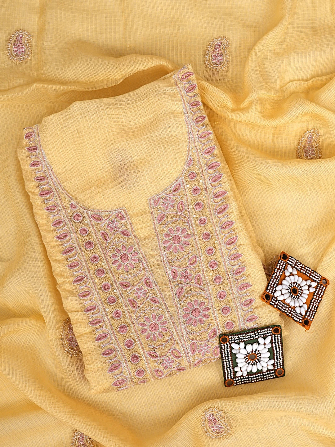Ada Hand Embroidered Yellow Kota Lucknowi Chikankari Unstitched Kurta Dupatta Set With Zari Work 01A665284