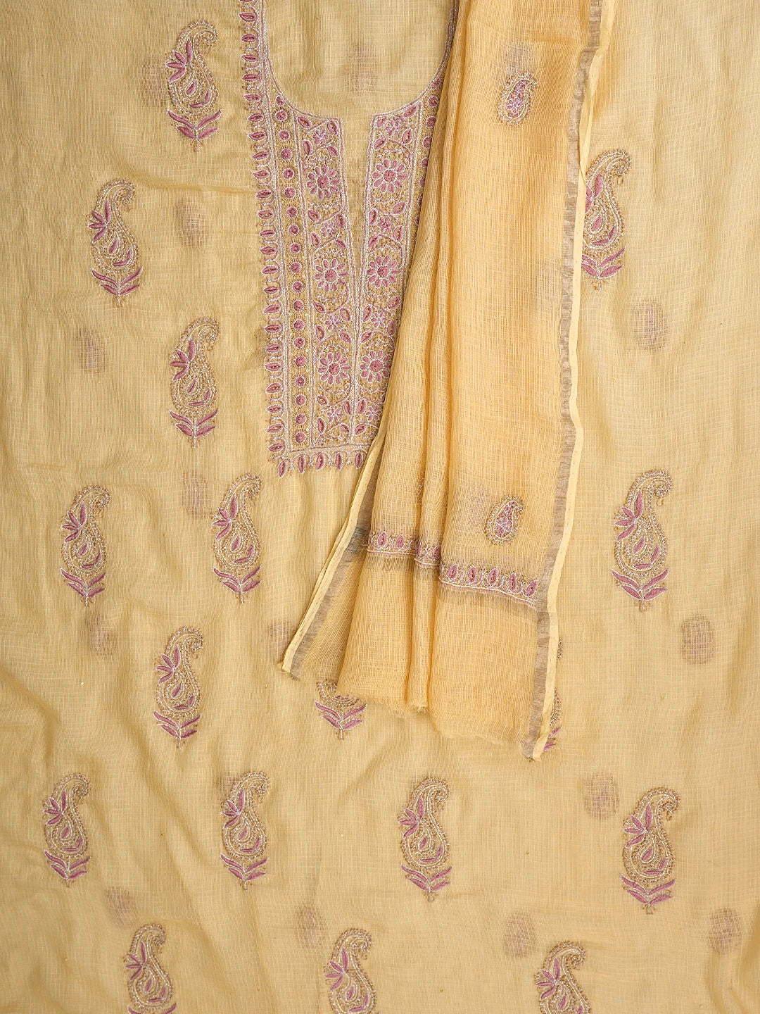 Ada Hand Embroidered Yellow Kota Lucknowi Chikankari Unstitched Kurta Dupatta Set With Zari Work 01A665284