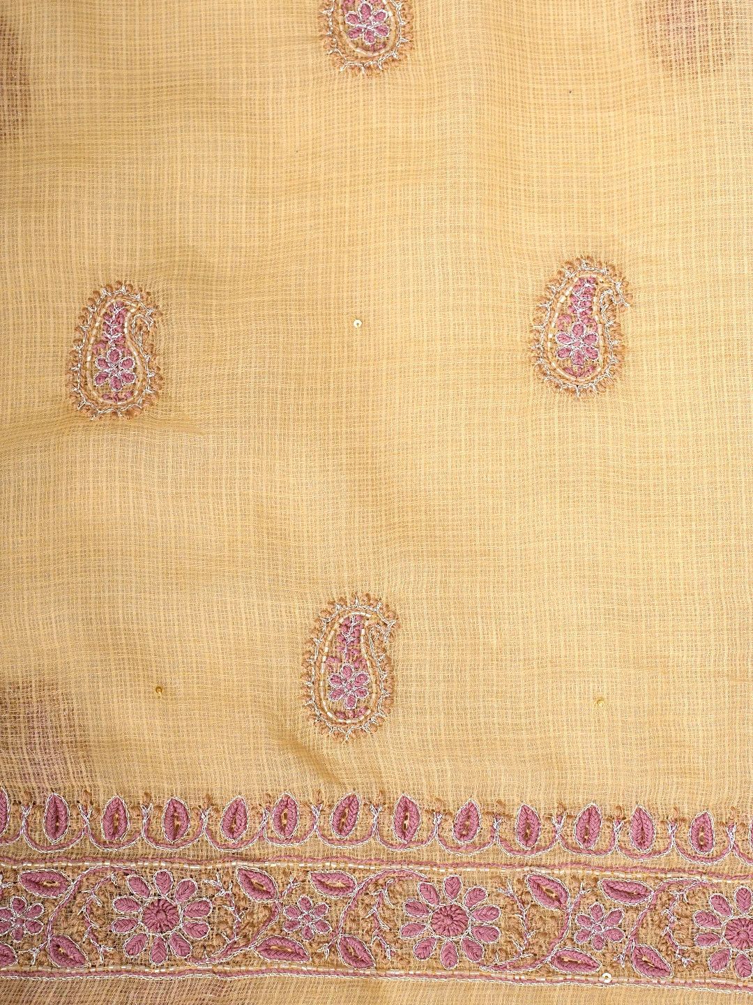 Ada Hand Embroidered Yellow Kota Lucknowi Chikankari Unstitched Kurta Dupatta Set With Zari Work 01A665284