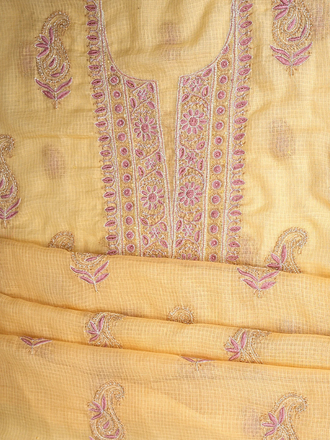 Ada Hand Embroidered Yellow Kota Lucknowi Chikankari Unstitched Kurta Dupatta Set With Zari Work 01A665284