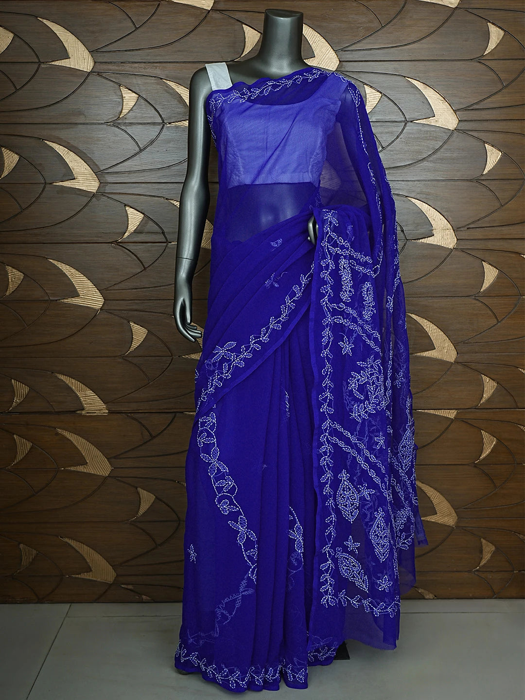 Ada Hand Embroidered Royal Blue Georgette Lucknowi Chikankari Saree and Blouse 01A916544