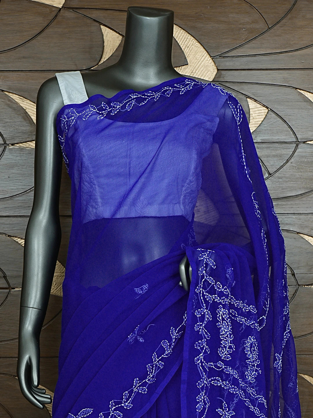 Ada Hand Embroidered Royal Blue Georgette Lucknowi Chikankari Saree and Blouse 01A916544