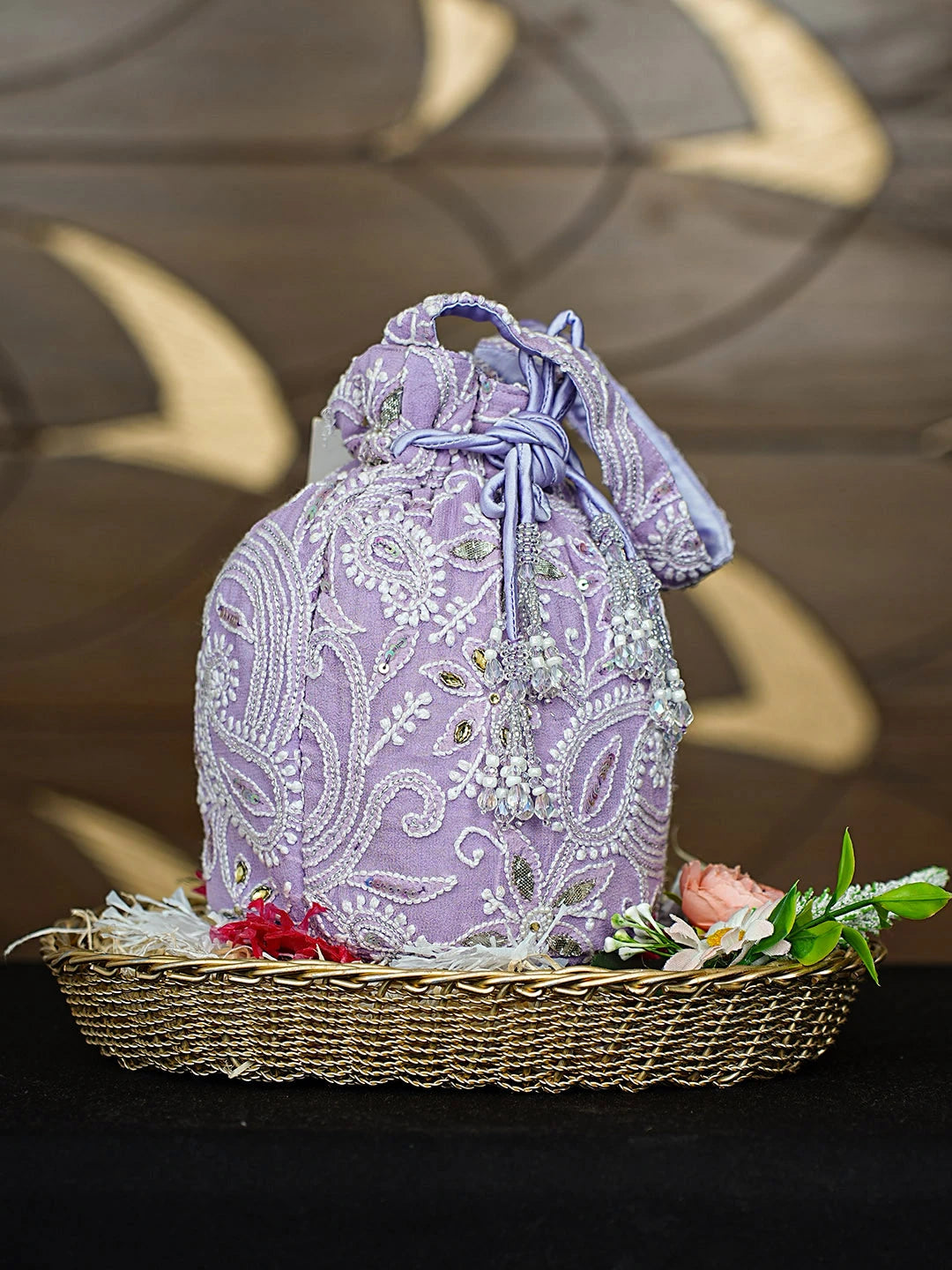 Ada Hand Embroidered Lavender Pure Georgette Lucknowi Chikankari Potli Bag With Sequinned Work 01A912944