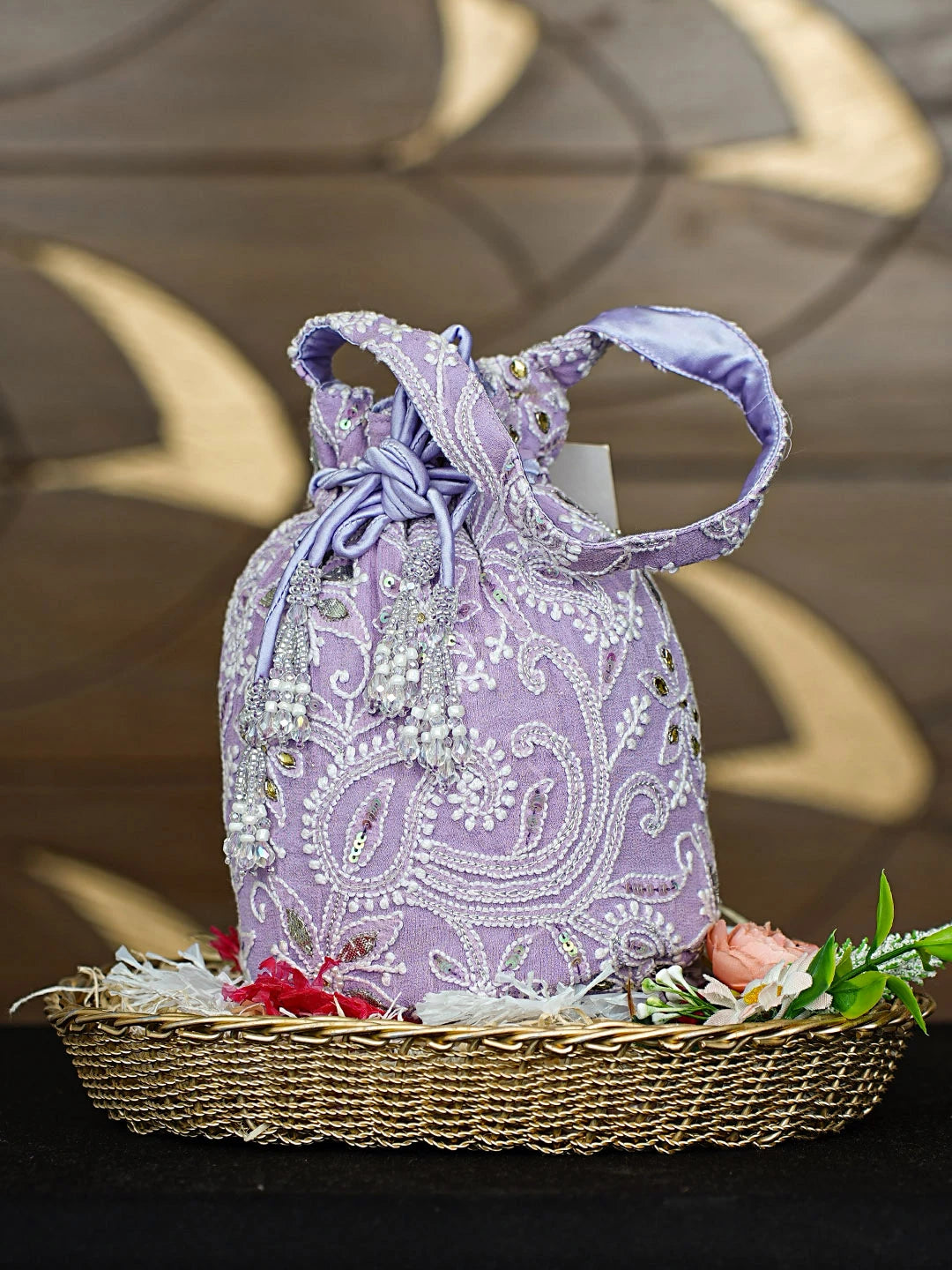 Ada Hand Embroidered Lavender Pure Georgette Lucknowi Chikankari Potli Bag With Sequinned Work 01A912944