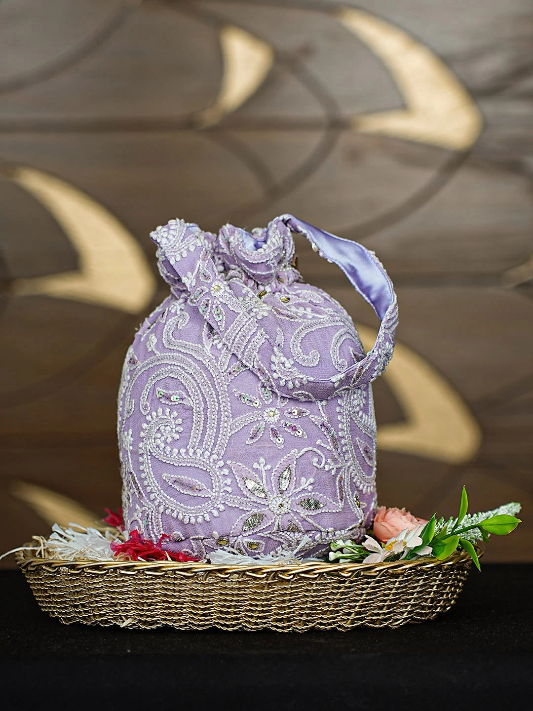 Ada Hand Embroidered Lavender Pure Georgette Lucknowi Chikankari Potli Bag With Sequinned Work 01A912944