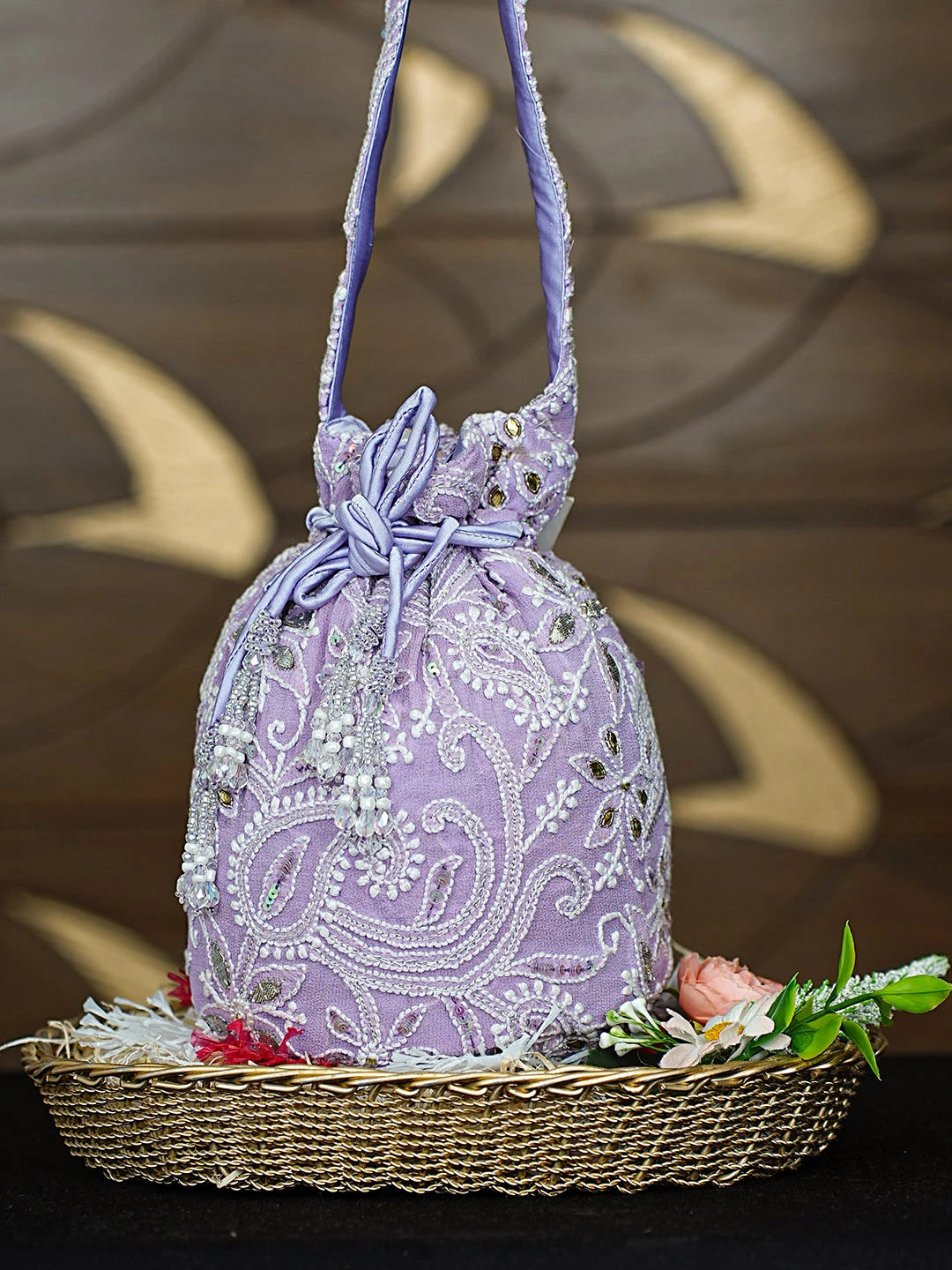 Ada Hand Embroidered Lavender Pure Georgette Lucknowi Chikankari Potli Bag With Sequinned Work 01A912944