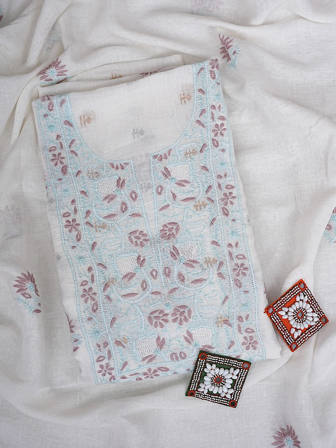 Ada Hand Embroidered Ivory Linen Lucknowi Chikankari Unstitched Kurta Dupatta Set 01A917353