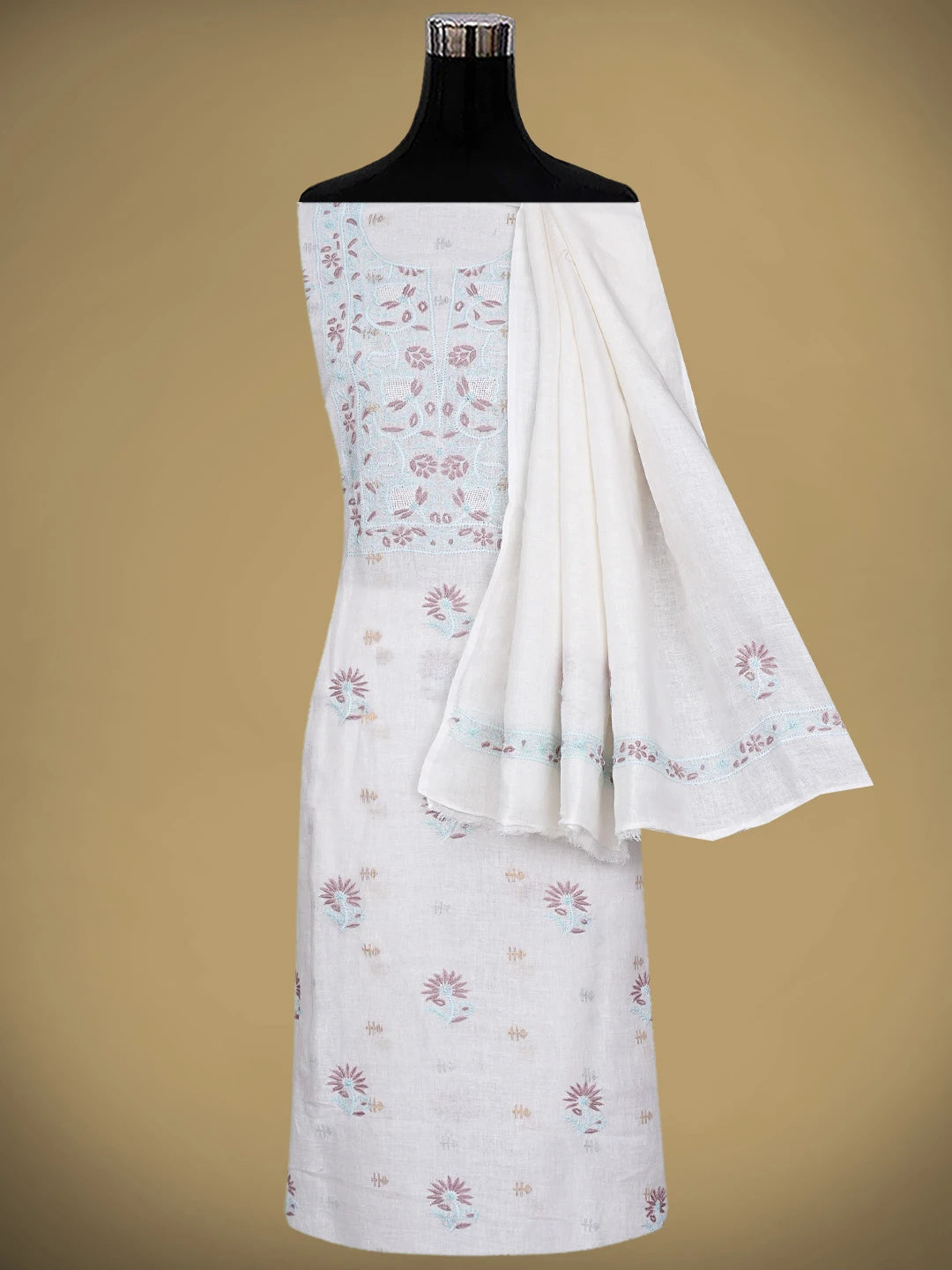 Ada Hand Embroidered Ivory Linen Lucknowi Chikankari Unstitched Kurta Dupatta Set 01A917353