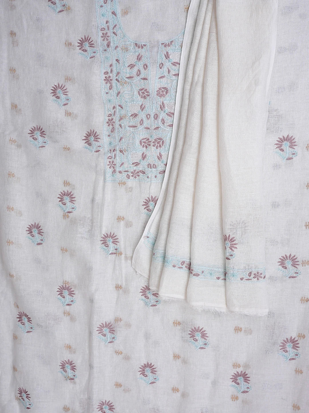 Ada Hand Embroidered Ivory Linen Lucknowi Chikankari Unstitched Kurta Dupatta Set 01A917353