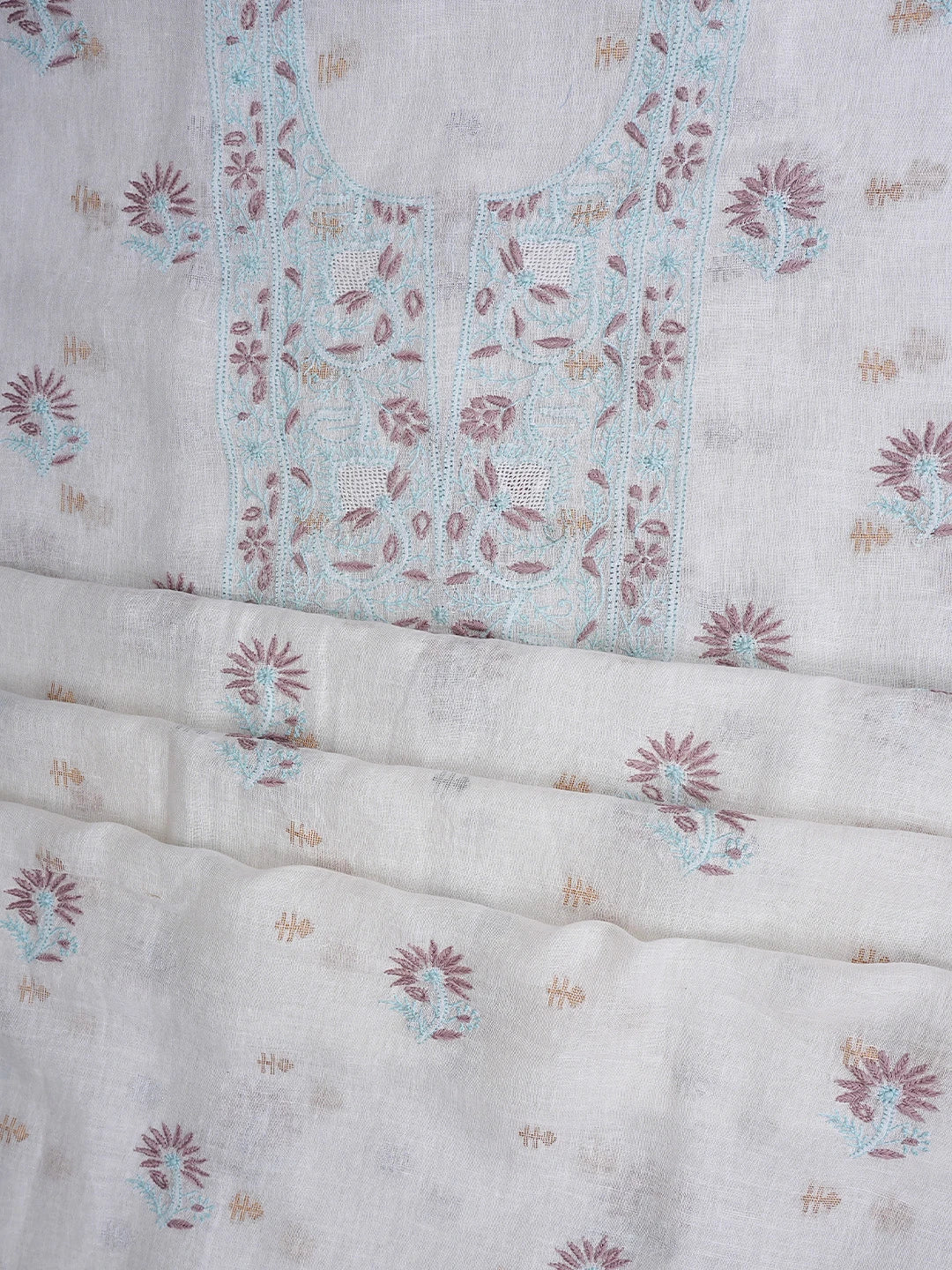 Ada Hand Embroidered Ivory Linen Lucknowi Chikankari Unstitched Kurta Dupatta Set 01A917353