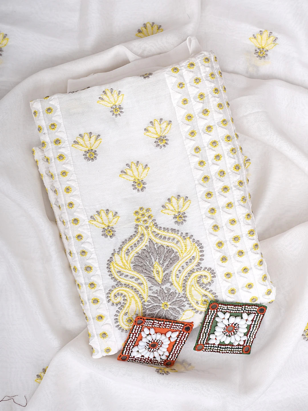 Ada Hand Embroidered Cream Chanderi Lucknowi Chikankari Kurta Dupatta Set 01A904808