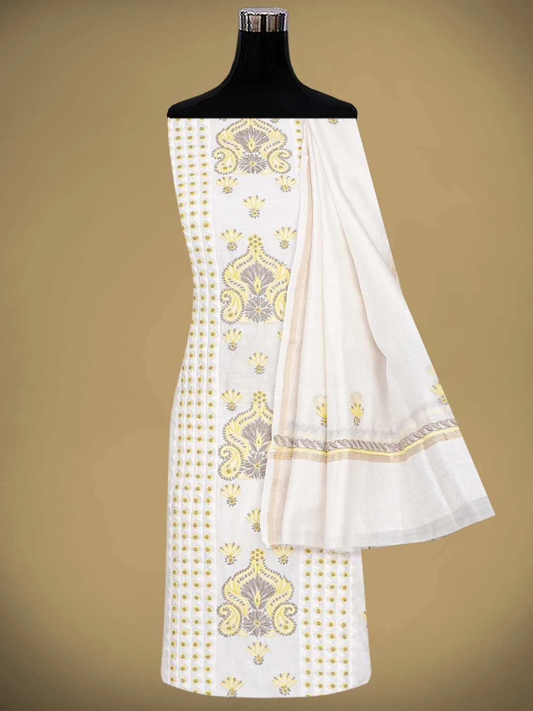 Ada Hand Embroidered Cream Chanderi Lucknowi Chikankari Kurta Dupatta Set 01A904808