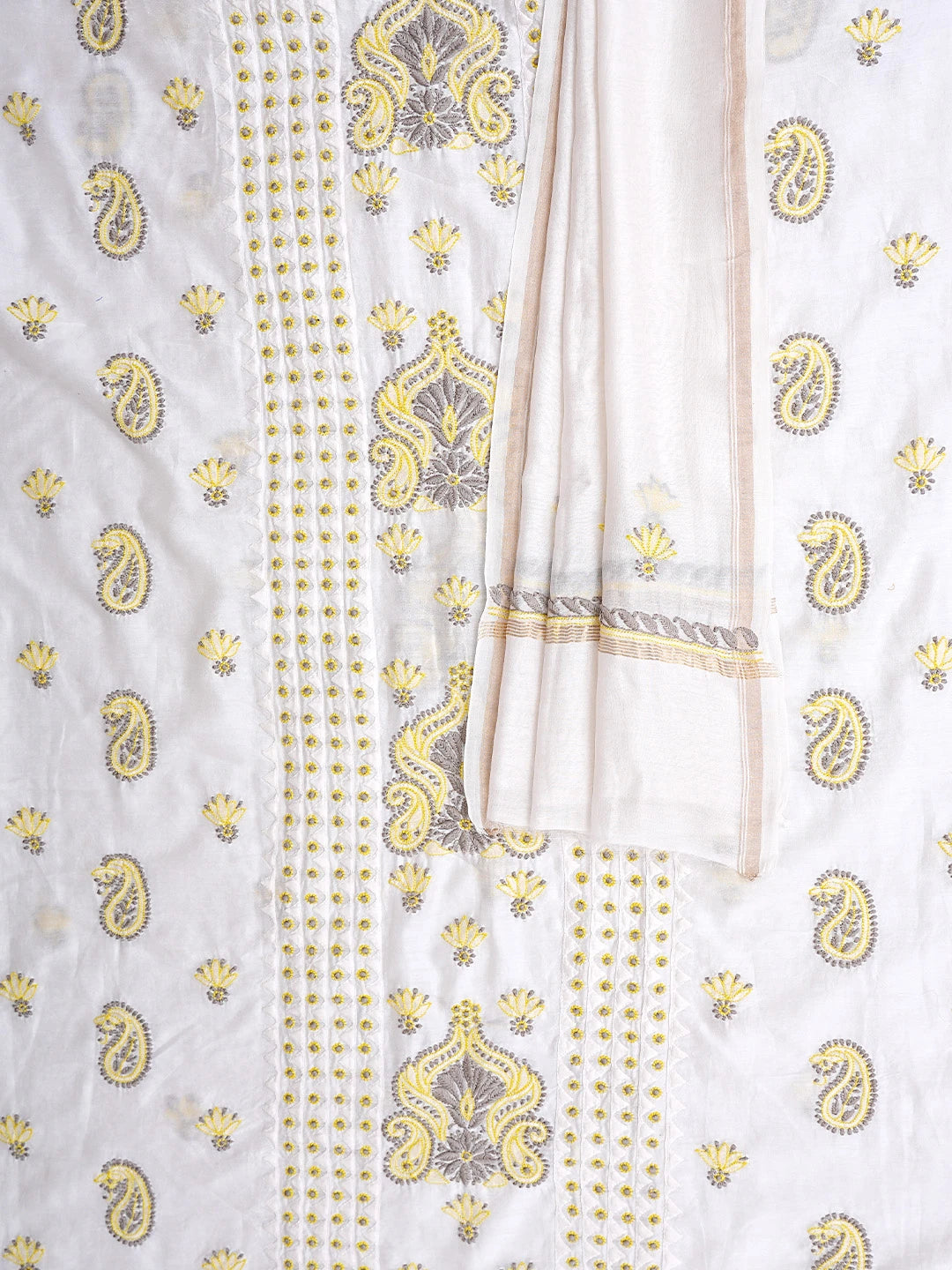 Ada Hand Embroidered Cream Chanderi Lucknowi Chikankari Kurta Dupatta Set 01A904808