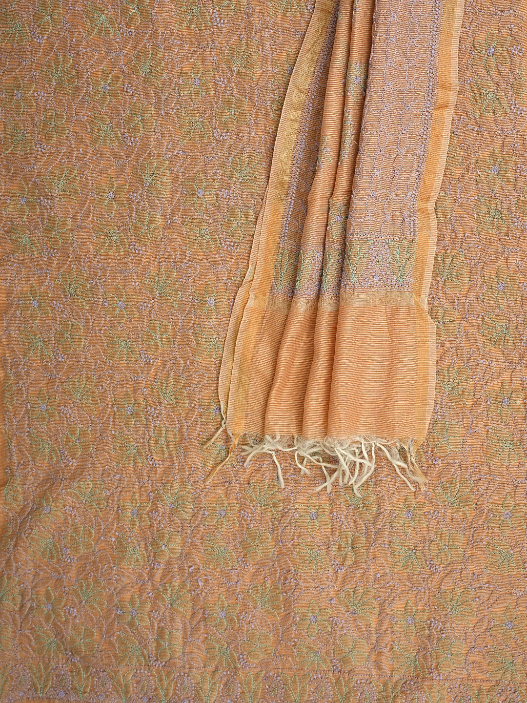 Ada Hand Embroidered Peach Chanderi Lucknowi Chikankari Kurta Dupatta Set 01A871010