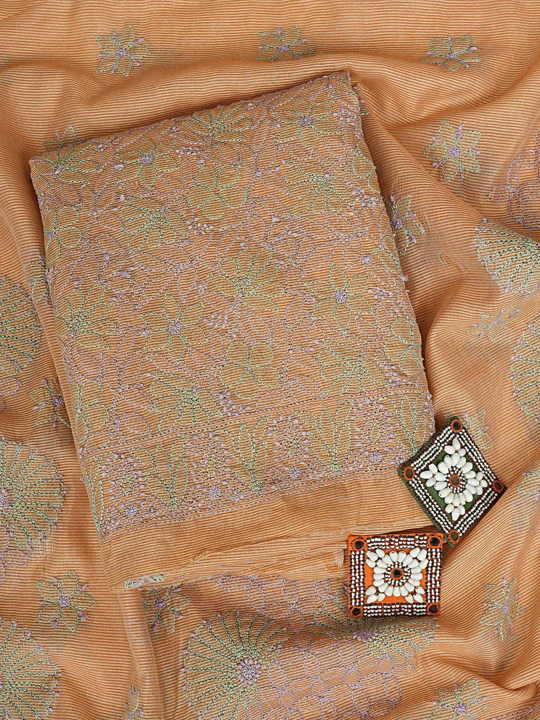 Ada Hand Embroidered Peach Chanderi Lucknowi Chikankari Kurta Dupatta Set 01A871010