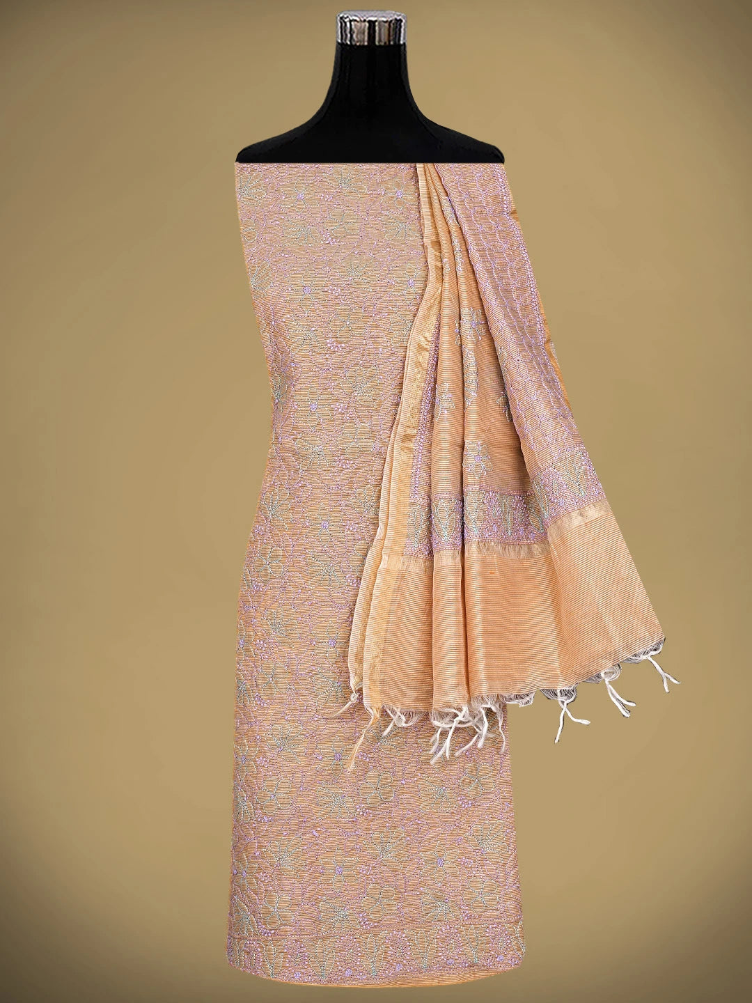 Ada Hand Embroidered Peach Chanderi Lucknowi Chikankari Kurta Dupatta Set 01A871010